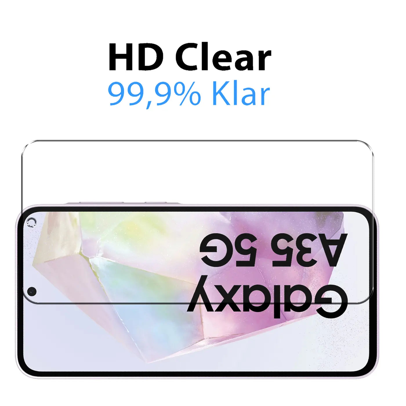 Zwei transparente Panzerglas-Displayschutzfolien, eine auf einem Samsung Galaxy A35 5G, von vorne.