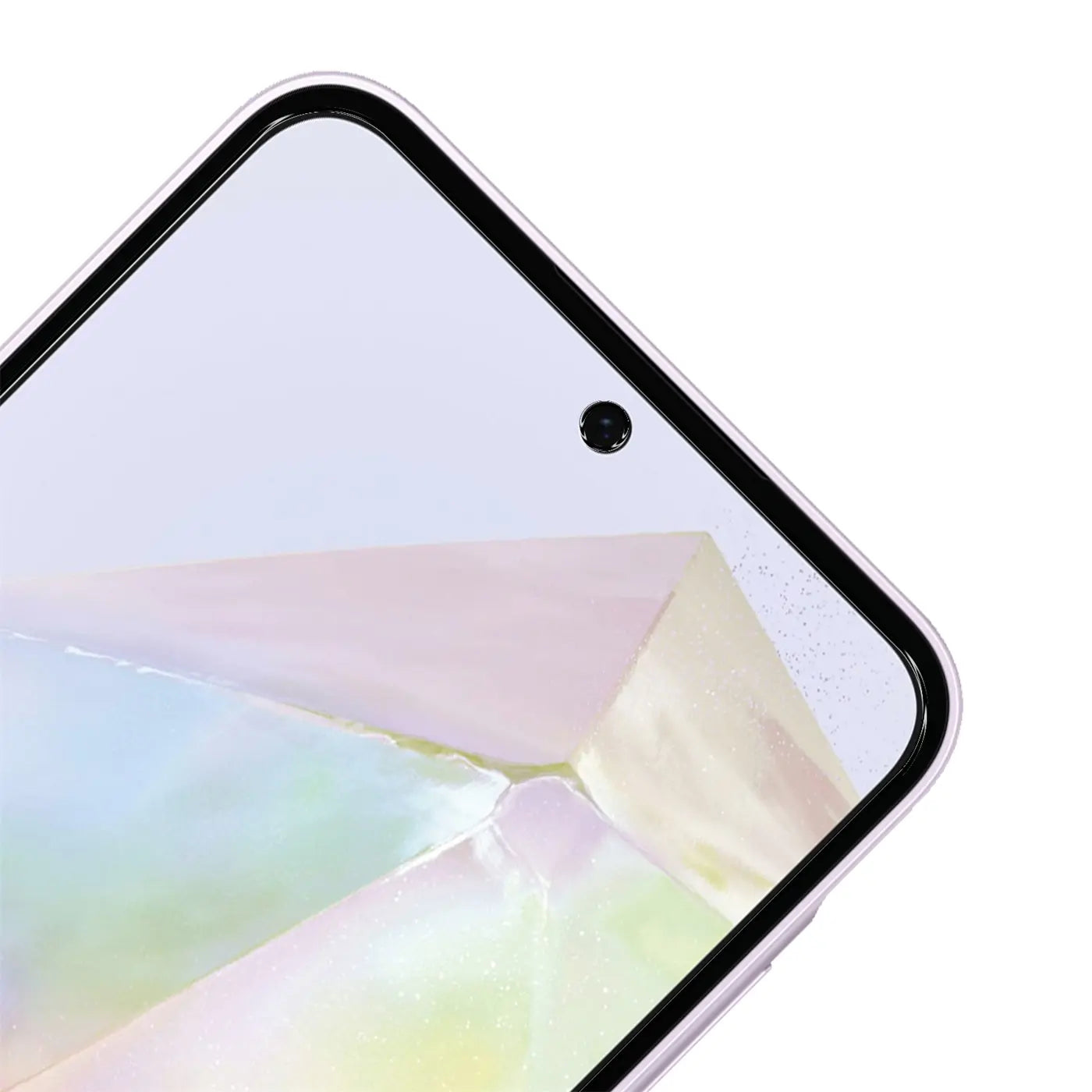 Nahaufnahme des oberen Bereichs eines Samsung Galaxy A35 5G mit Panzerglas-Displayschutz, Frontkamera sichtbar.