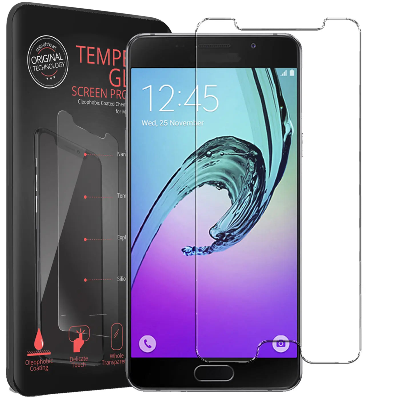 Schwarzes Samsung Galaxy A3 2016 von vorne, daneben 2 transparente Panzergläser und eine schwarze Verpackung.