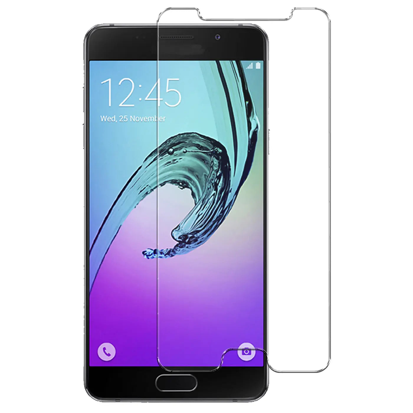 Schwarzes Samsung Galaxy A3 2016 von vorne, mit einem transparenten Panzerglas-Displayschutz daneben.