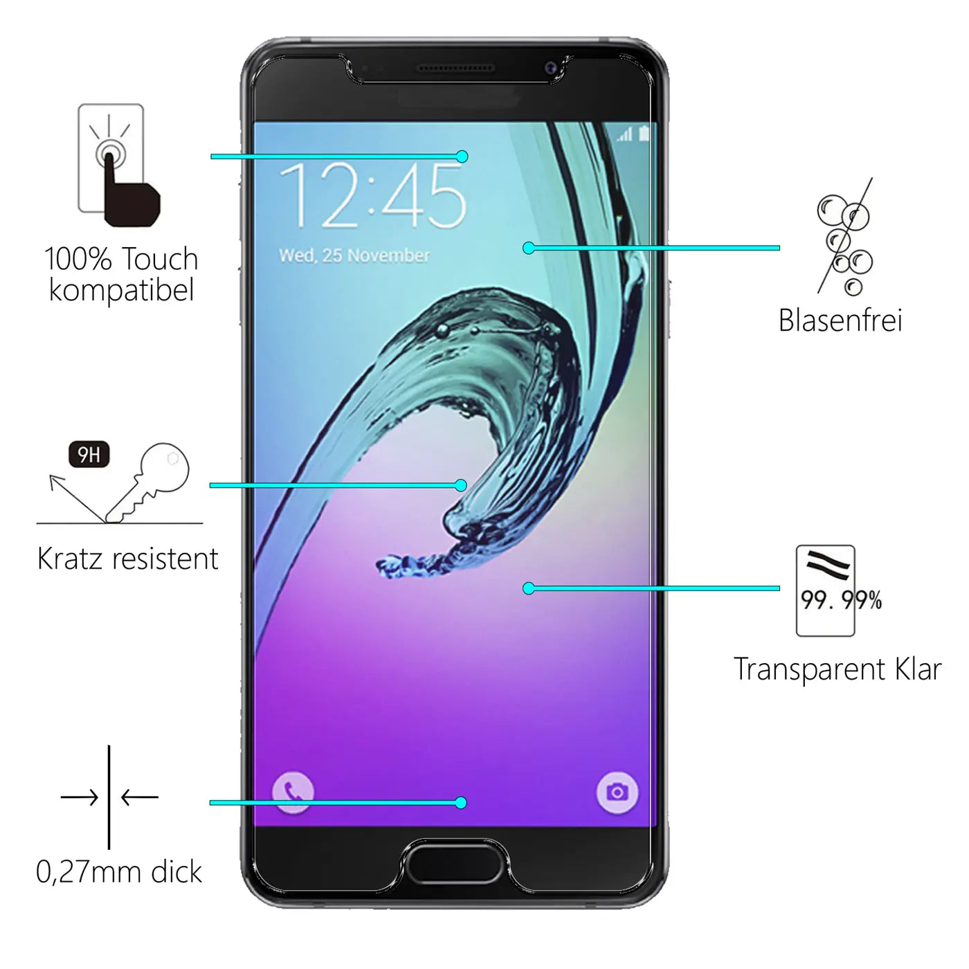 Schwarzes Samsung Galaxy A3 2016 von vorne, mit Panzerglas-Displayschutz und Infografiken zu dessen Eigenschaften.
