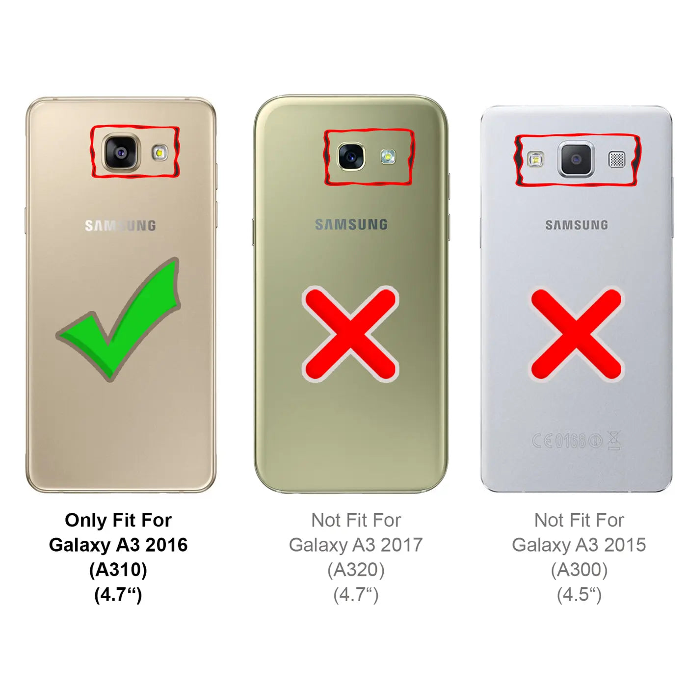 Rückseiten von drei Samsung Galaxy A-Smartphones (gold, gold, silber) mit Kameraausschnitten und Haken/Kreuzen.