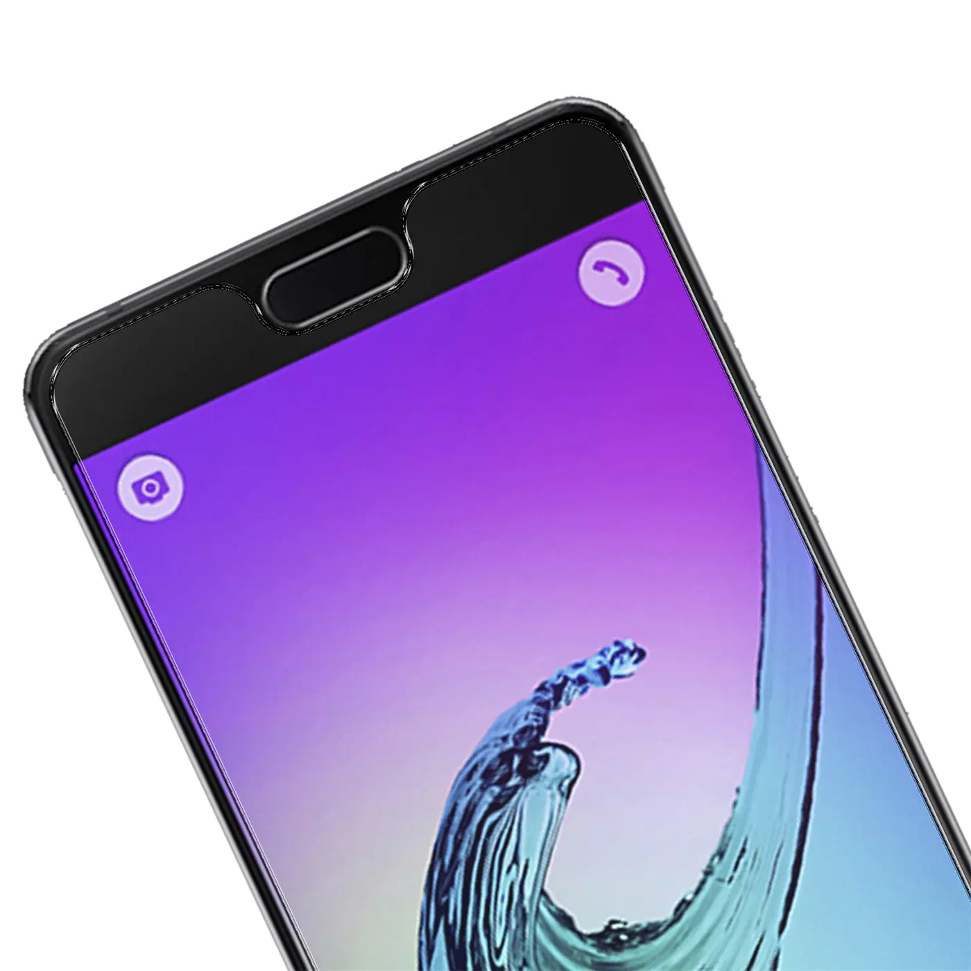 Nahaufnahme: Samsung Galaxy A3 2016 mit schwarzem Panzerglas-Displayschutz, schräg von oben, lila Bildschirm.