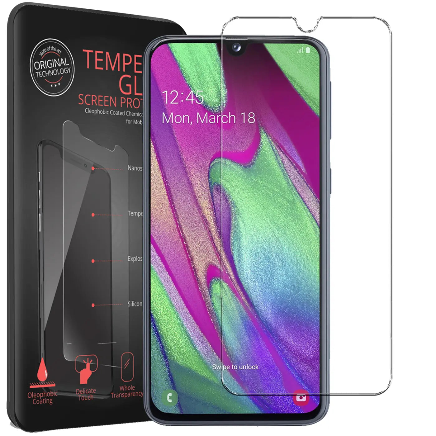 Schwarze Verpackung mit "TEMPERED GLASS" Aufschrift, daneben ein Samsung Galaxy A40 mit Displayschutzfolie.