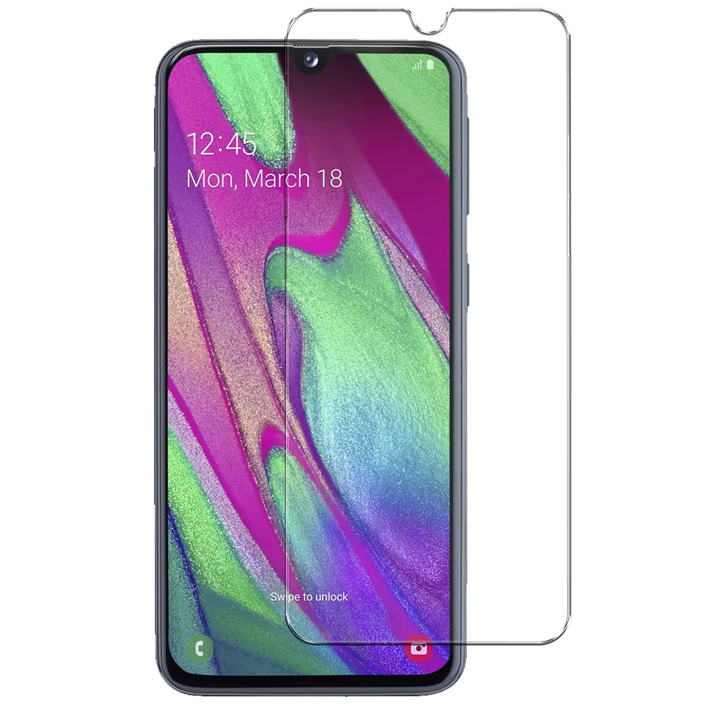 Samsung Galaxy A40 in Dunkelgrau, frontal, mit einem transparenten Panzerglas-Displayschutz daneben.