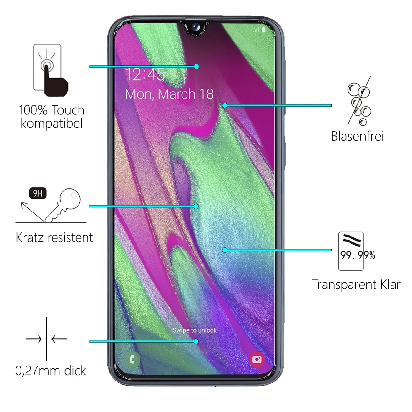 Frontansicht eines schwarzen Samsung Galaxy A40 mit Panzerglas-Displayschutz und Infografiken zu dessen Eigenschaften.