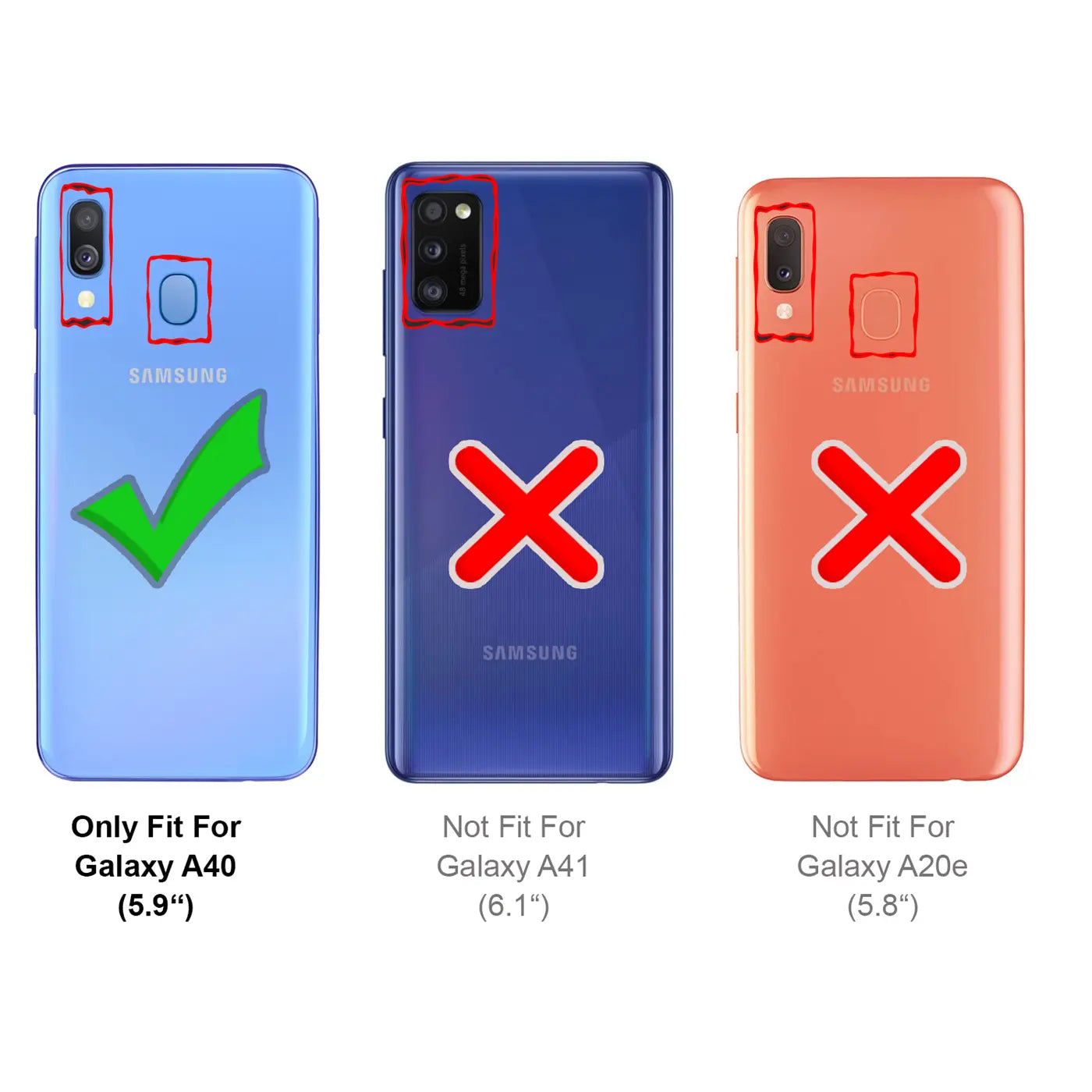 Rückseiten von 3 Samsung Galaxy Smartphones (A40, A41, A20e) in Blau, Dunkelblau, Orange mit Passform-Markierungen.
