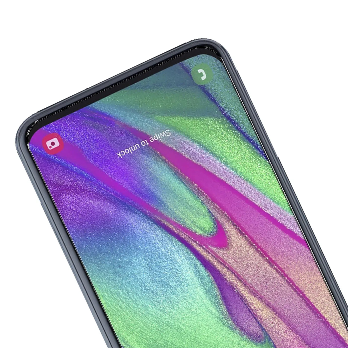 Nahaufnahme des oberen Bereichs eines Samsung Galaxy A40 mit Panzerglas-Displayschutz, schräg von oben.