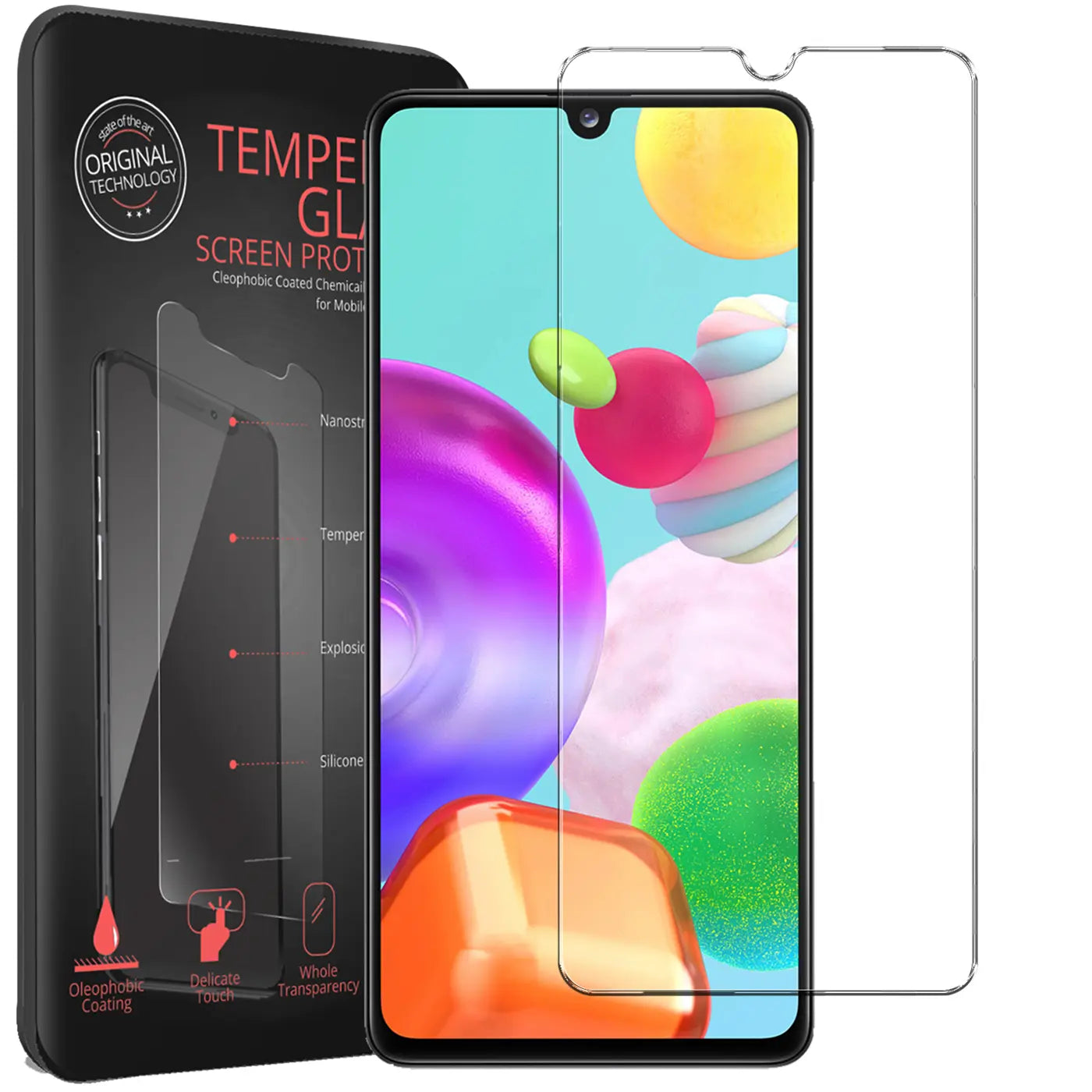 Zwei transparente Panzerglas-Displayschutzfolien für Samsung Galaxy A41, eine auf Smartphone, eine daneben. Schwarze.
