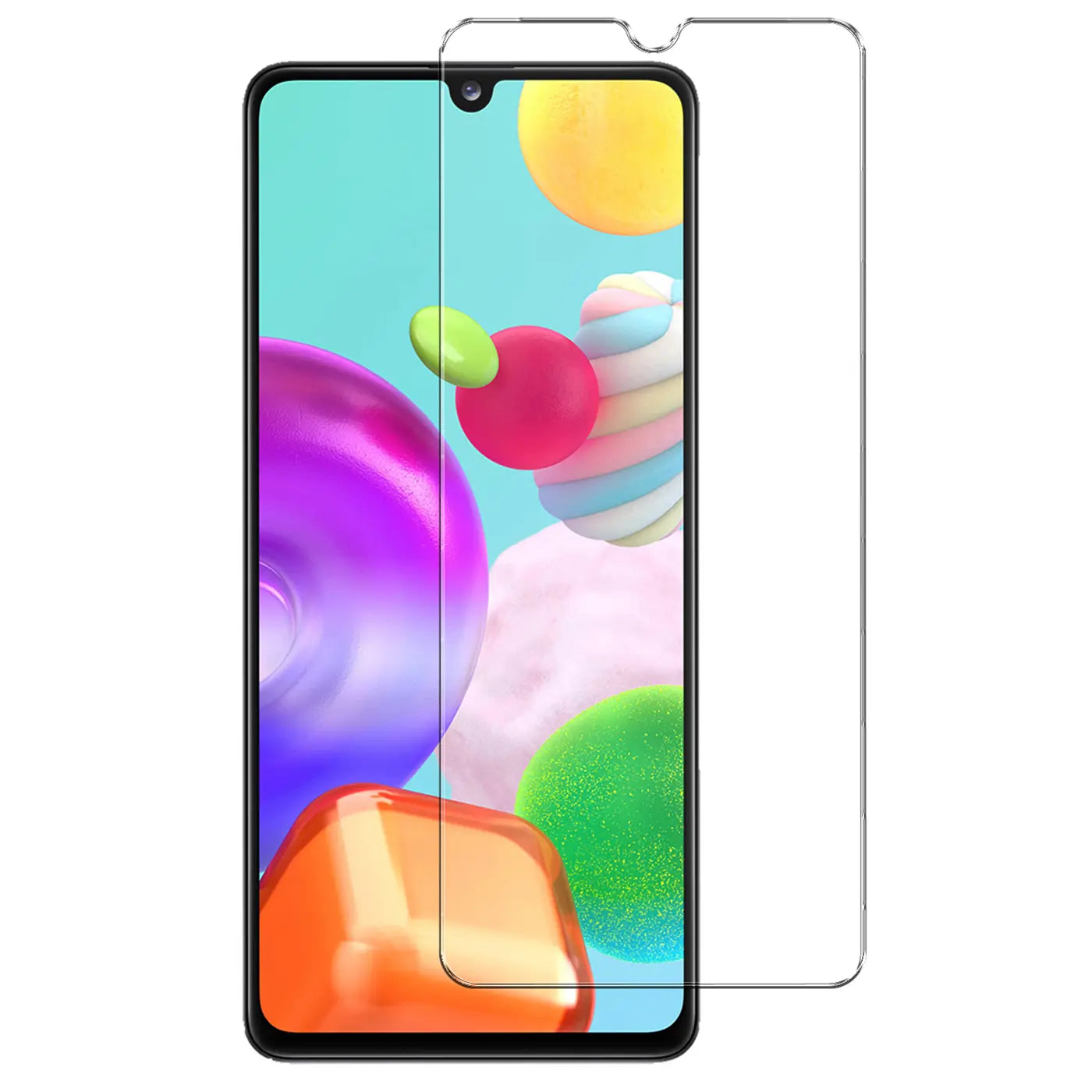 Klares Panzerglas für Samsung Galaxy A41, teilweise auf Display, teilweise daneben, von vorne.