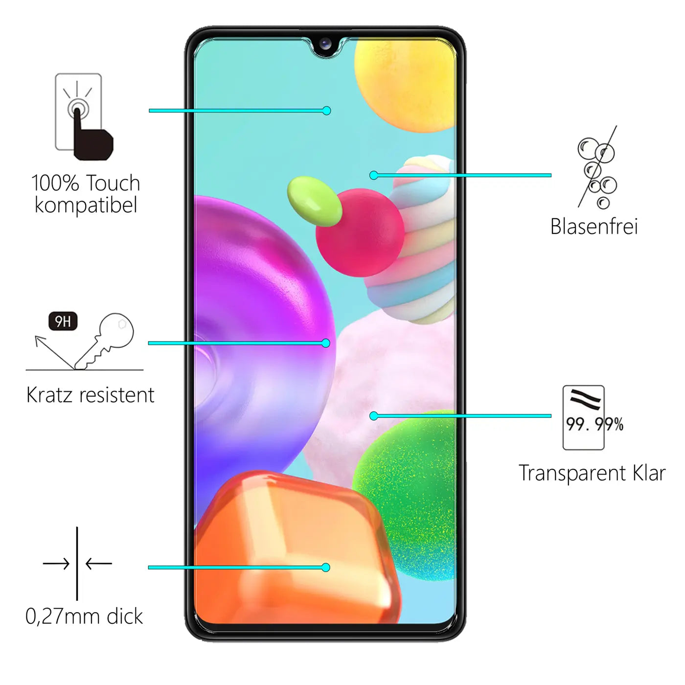 Schwarzes Samsung Galaxy A41 Smartphone, frontal, mit Panzerglas-Displayschutz und Beschreibungen der Eigenschaften.