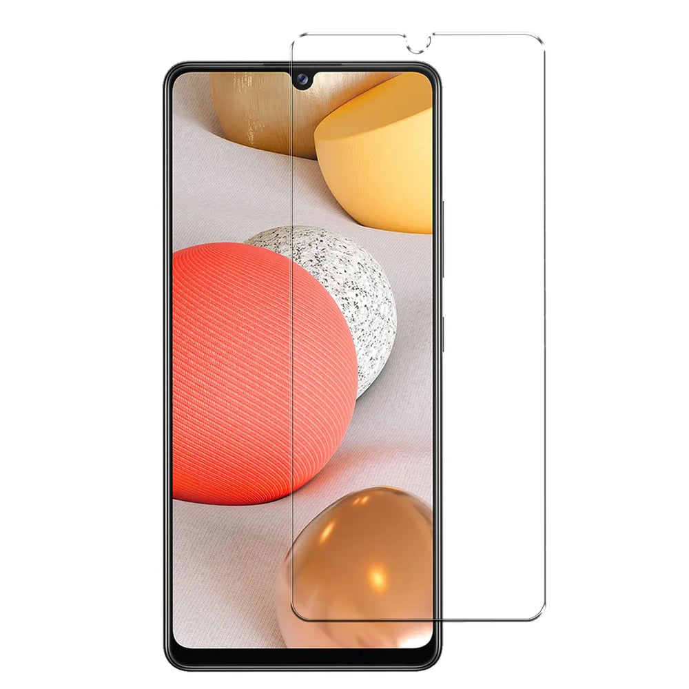 Samsung Galaxy A42 5G mit transparentem Panzerglas-Displayschutz von vorne, leicht schräg von oben.