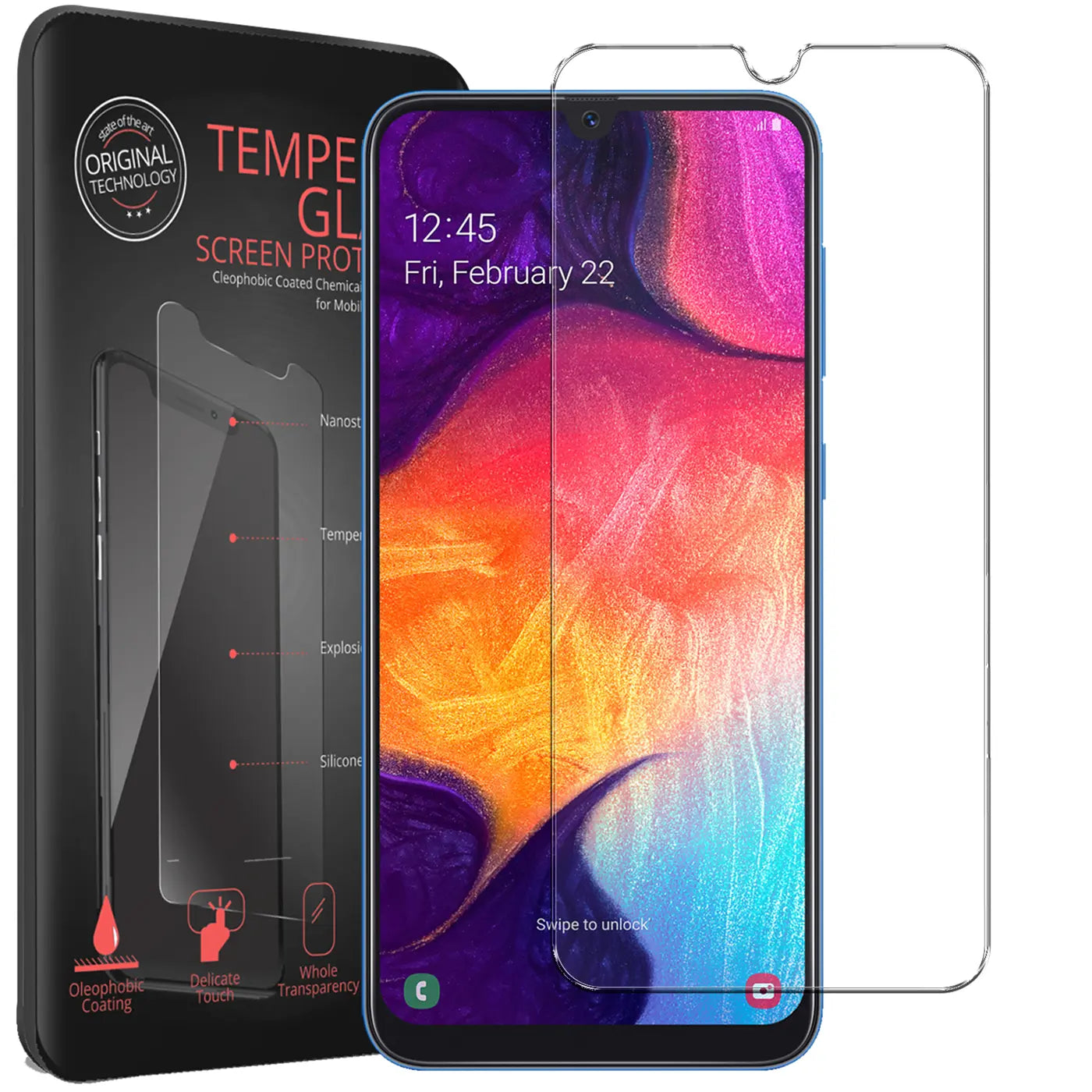 Schwarze Verpackung, blaues Samsung Galaxy A50/A30s und ein klares Panzerglas von vorne.