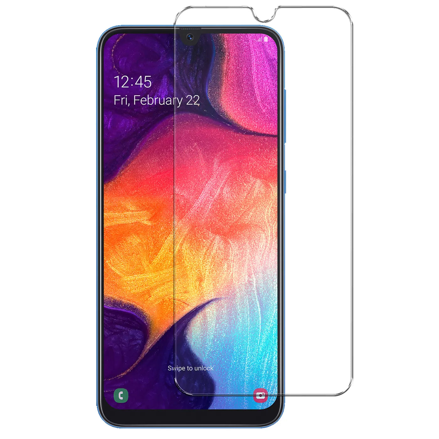Blaues Samsung Galaxy A50/A30s mit buntem Display und daneben liegendem, transparentem Panzerglas-Displayschutz.