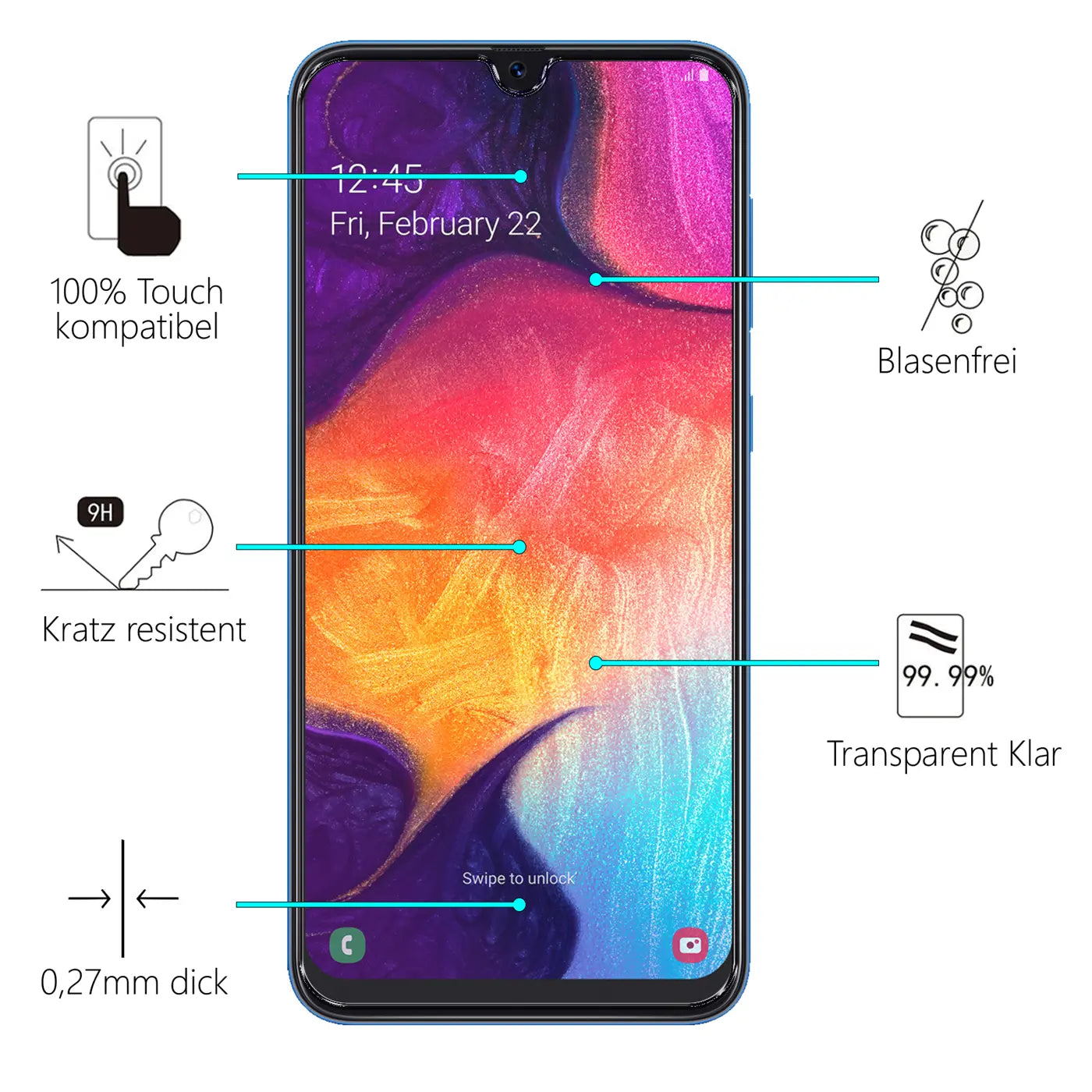 Blaues Samsung Galaxy A50/A30s Smartphone mit Panzerglas-Displayschutz, Frontansicht. Eigenschaften mit Text und Icons.