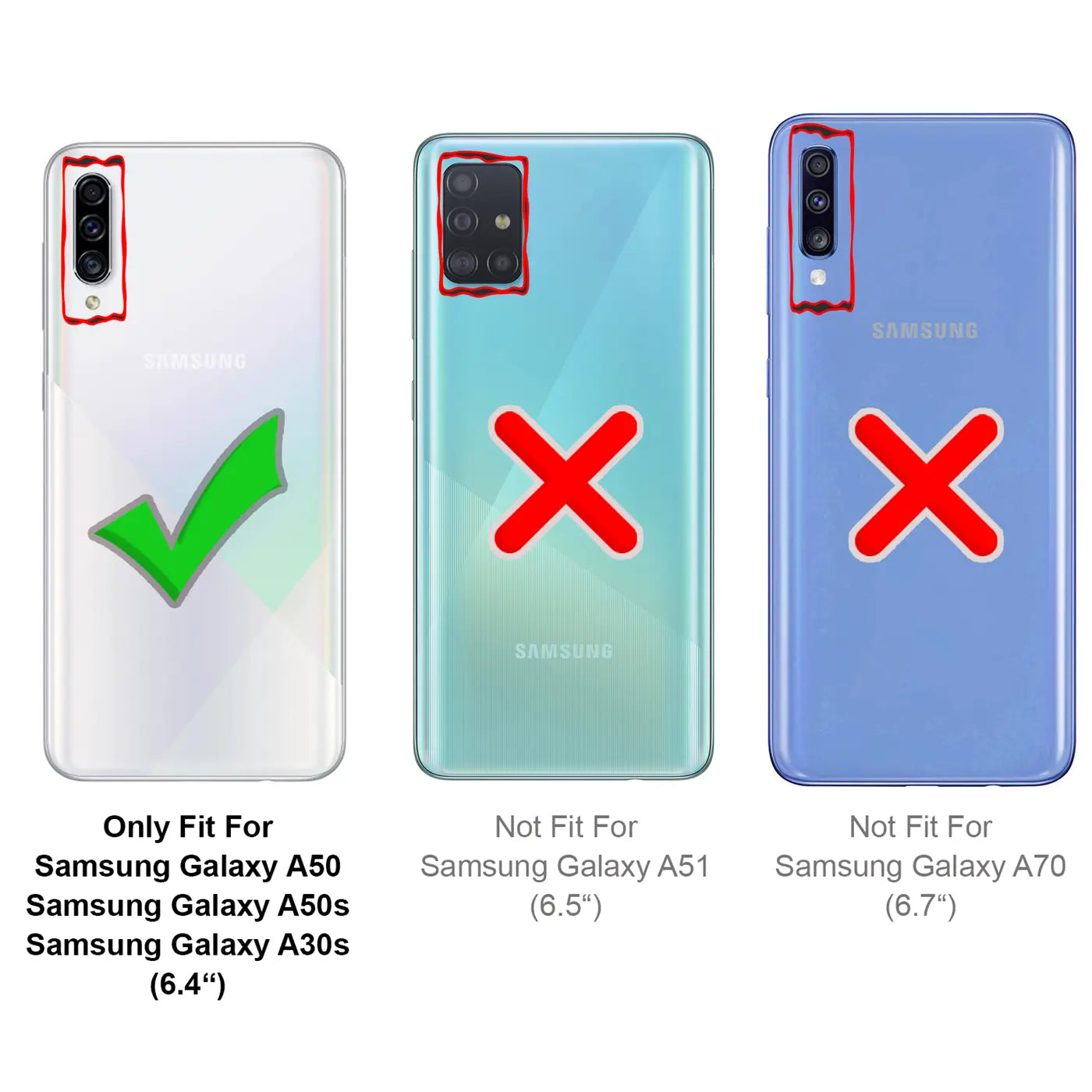 Drei Samsung Galaxy Smartphones (A50, A51, A70) von hinten, weiß, türkis, lila. Grüne Haken/rote Kreuze.