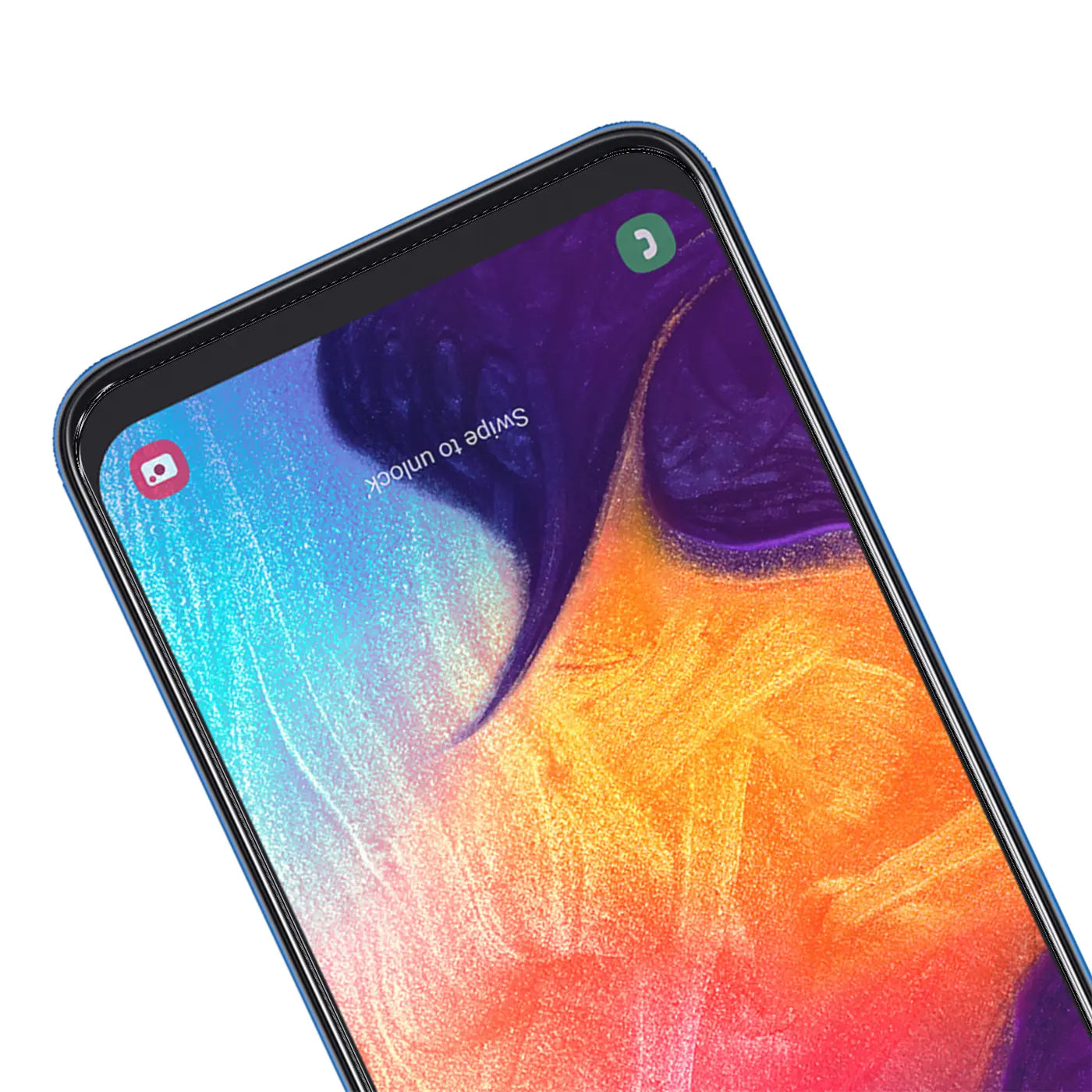 Nahaufnahme eines blauen Samsung Galaxy A50 / A30s Smartphones mit farbigem Display, schräg von oben rechts.