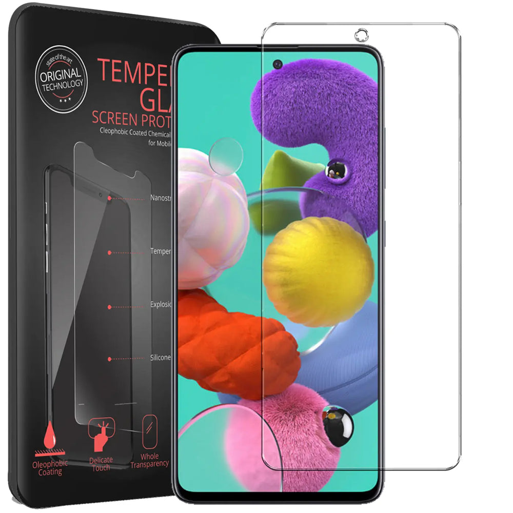 Schwarze Verpackung, Samsung Galaxy A51 mit Display und zwei transparente Panzerglas-Displayschutzfolien.
