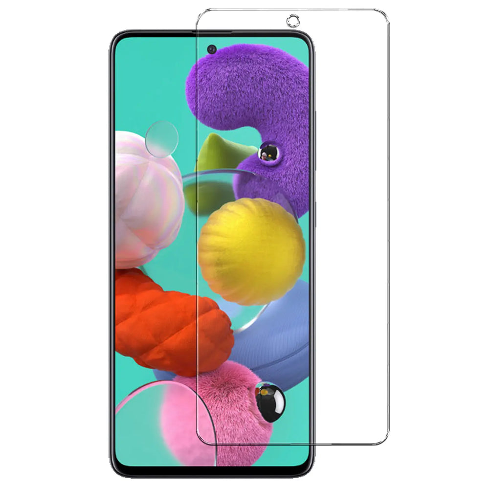 Klares Panzerglas für Samsung Galaxy A51 Display, schräg von oben rechts auf Smartphone-Bildschirm gelegt.