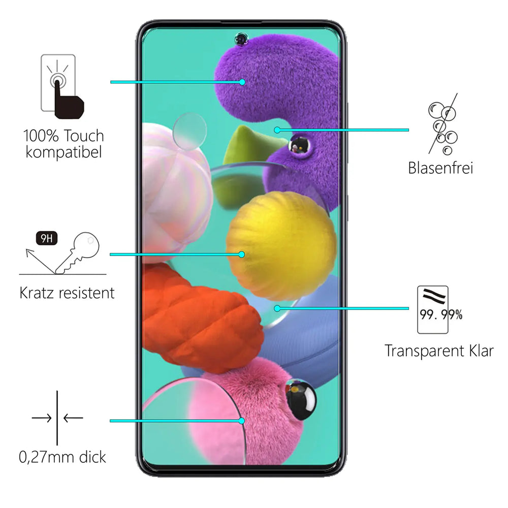 Schwarzes Samsung Galaxy A51 Handy, frontal, mit farbigem Display und blauen Linien zu Eigenschaften wie "Kratz resistent".