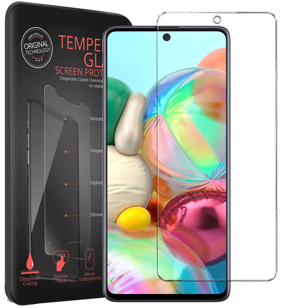 Schwarz-graue Verpackung, ein Samsung Galaxy A52 mit Panzerglas und ein weiteres Panzerglas aus Glas, schräg von vorne.