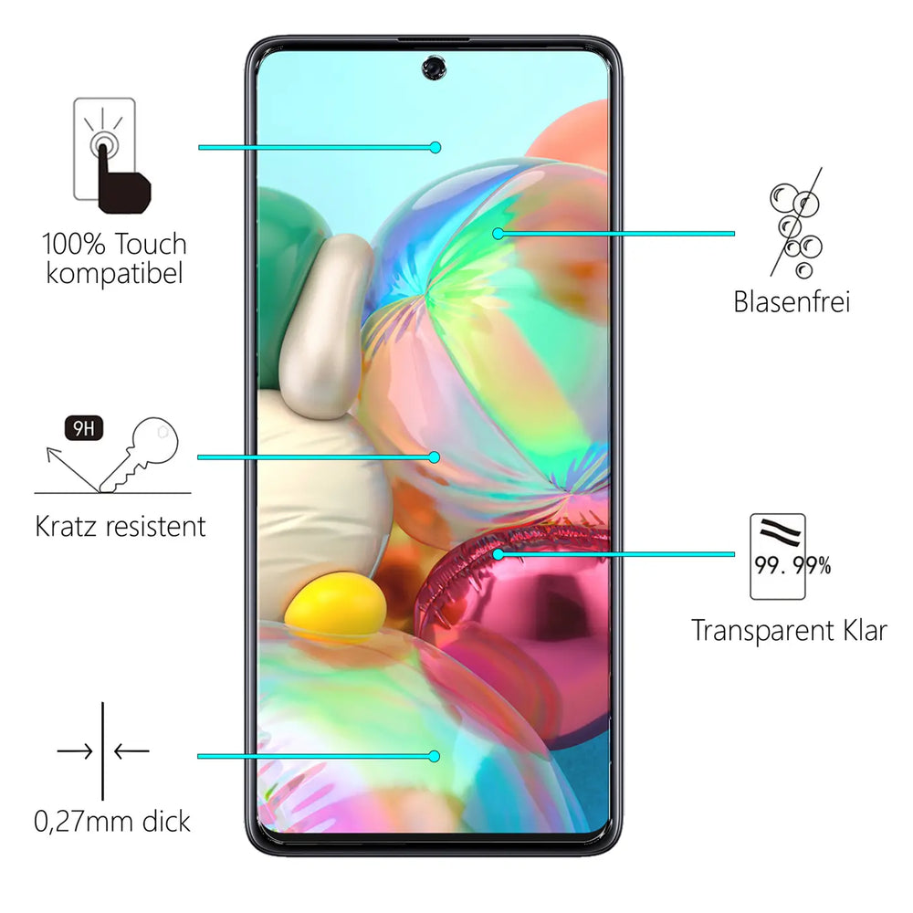 Schwarzes Samsung Galaxy A52 von vorne mit Panzerglas-Displayschutz. Mehrere Textfelder beschreiben Eigenschaften wie "Kratz.