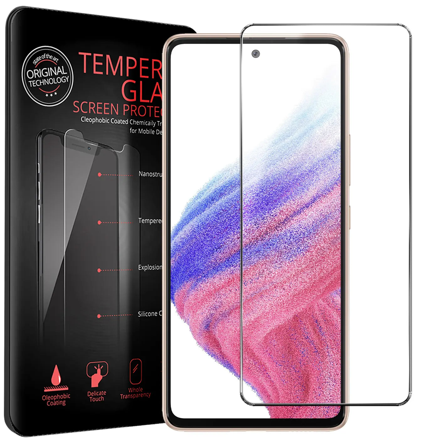 Schwarze Verpackung mit "TEMPER GLASS SCREEN PROTECTOR" und zwei Panzergläsern vor einem Samsung Galaxy A53 5G.