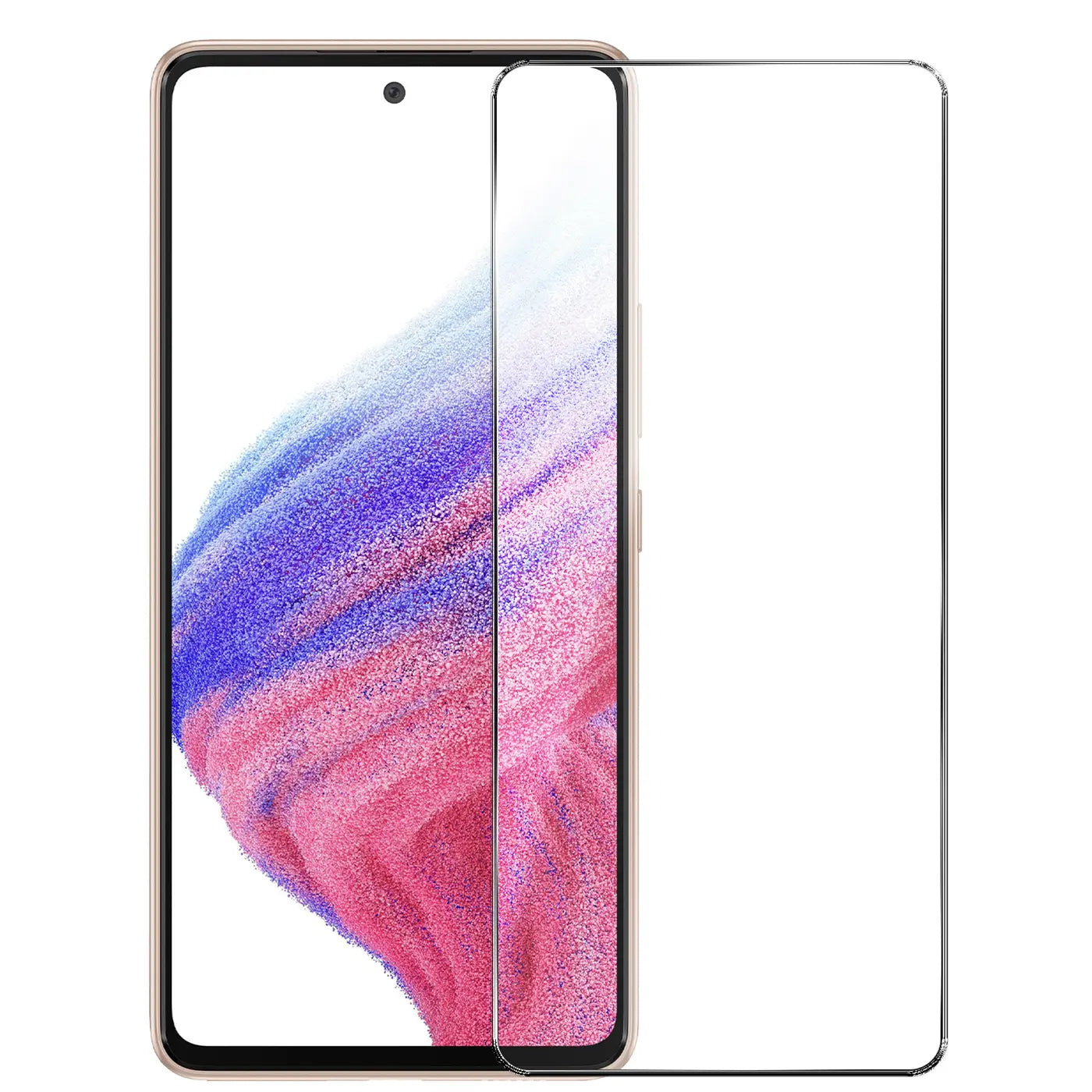 Samsung Galaxy A53 5G in Beige mit Display-Hintergrundbild, daneben ein klarer Panzerglas-Displayschutz.
