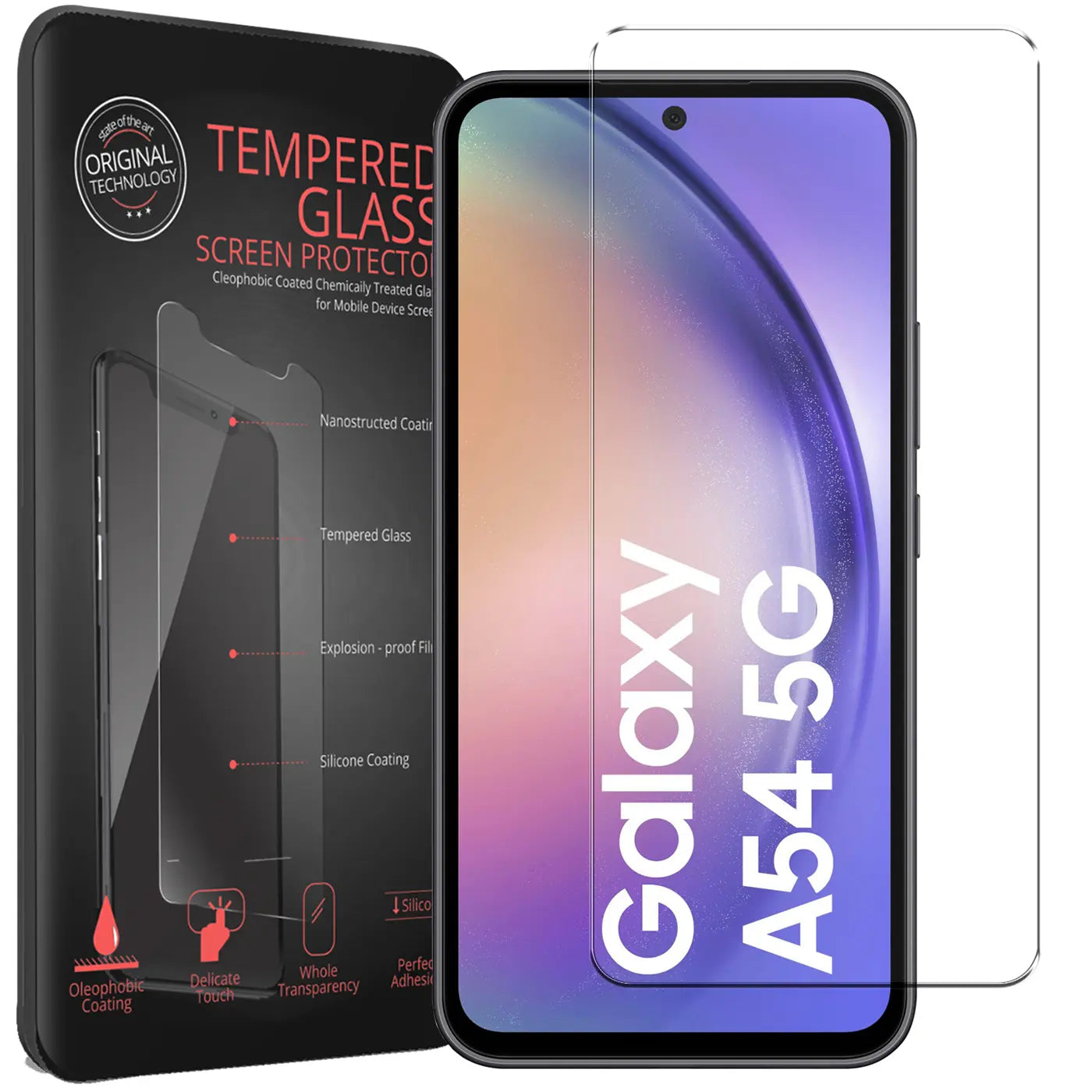 Schwarze Verpackung für Panzerglas Displayschutz neben einem Samsung Galaxy A54 5G mit aufgelegtem Panzerglas.