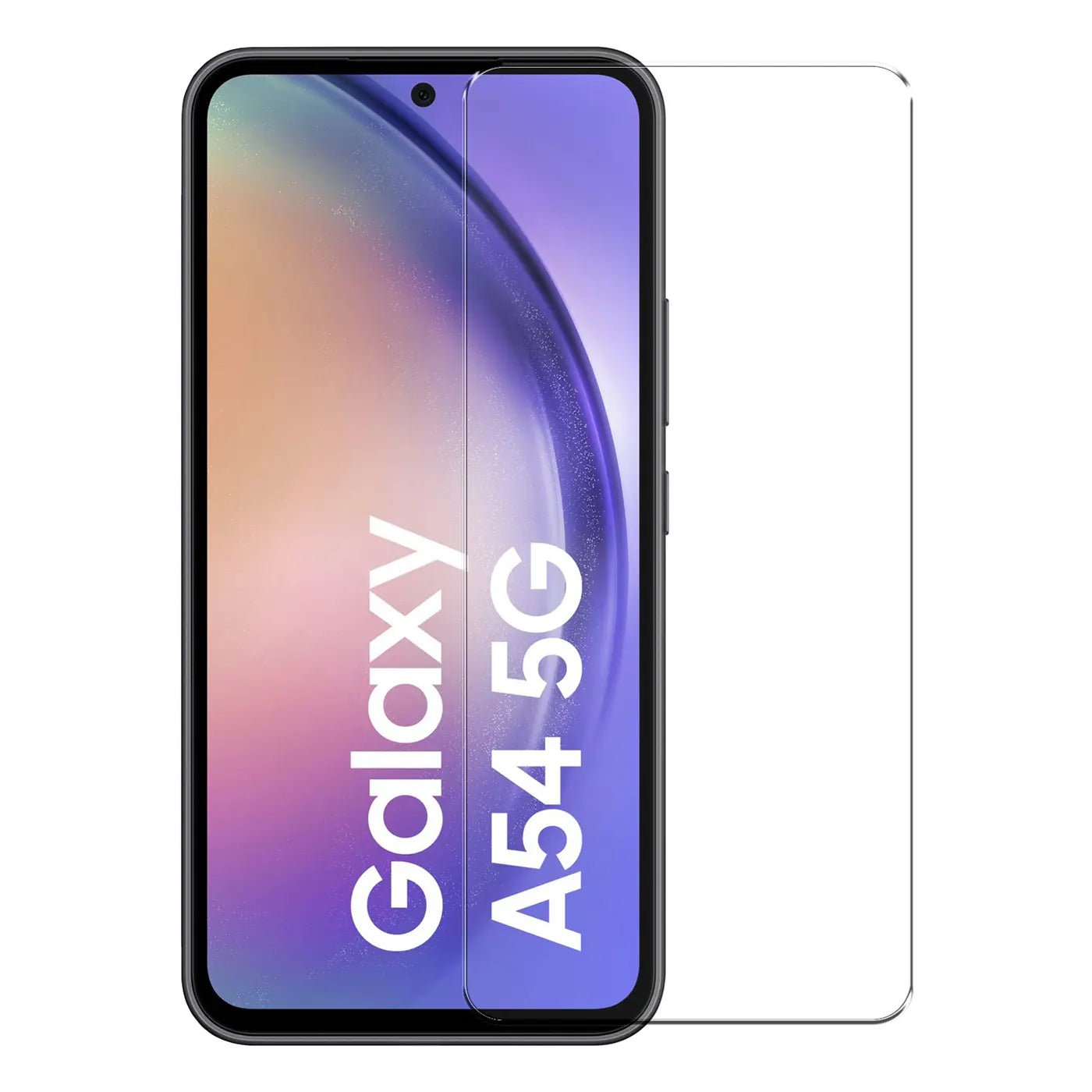 Schwarzes Samsung Galaxy A54 5G von vorne, mit einem transparenten Panzerglas-Displayschutz und einem weiteren daneben.