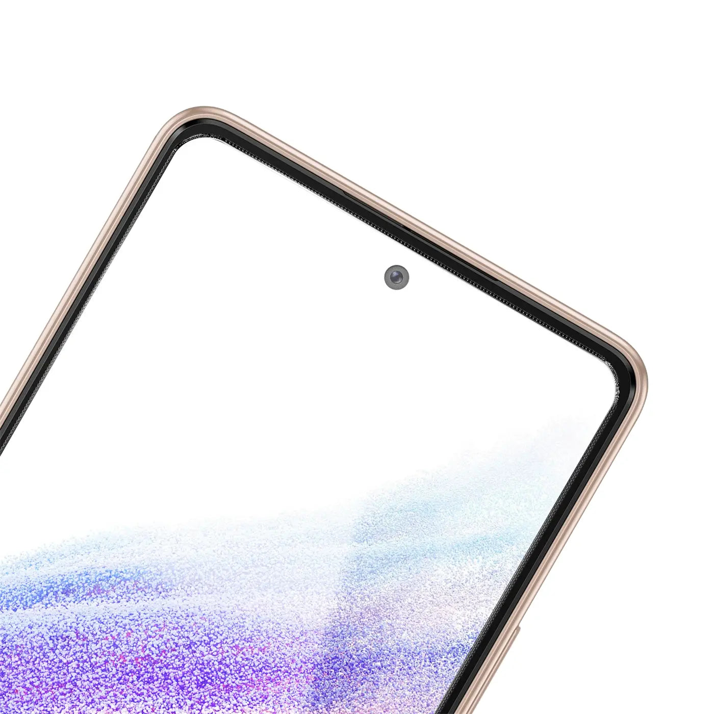 Samsung Galaxy A54 5G mit Panzerglas Displayschutz, goldener Rahmen, Frontkamera sichtbar, schräg von oben.