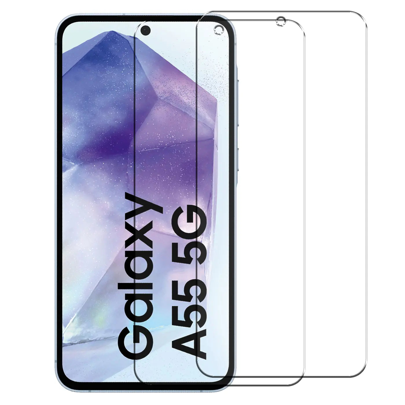 Zwei transparente Panzerglas-Displayschutzfolien mit Aussparung, über einem Samsung Galaxy A55 5G, von vorne.