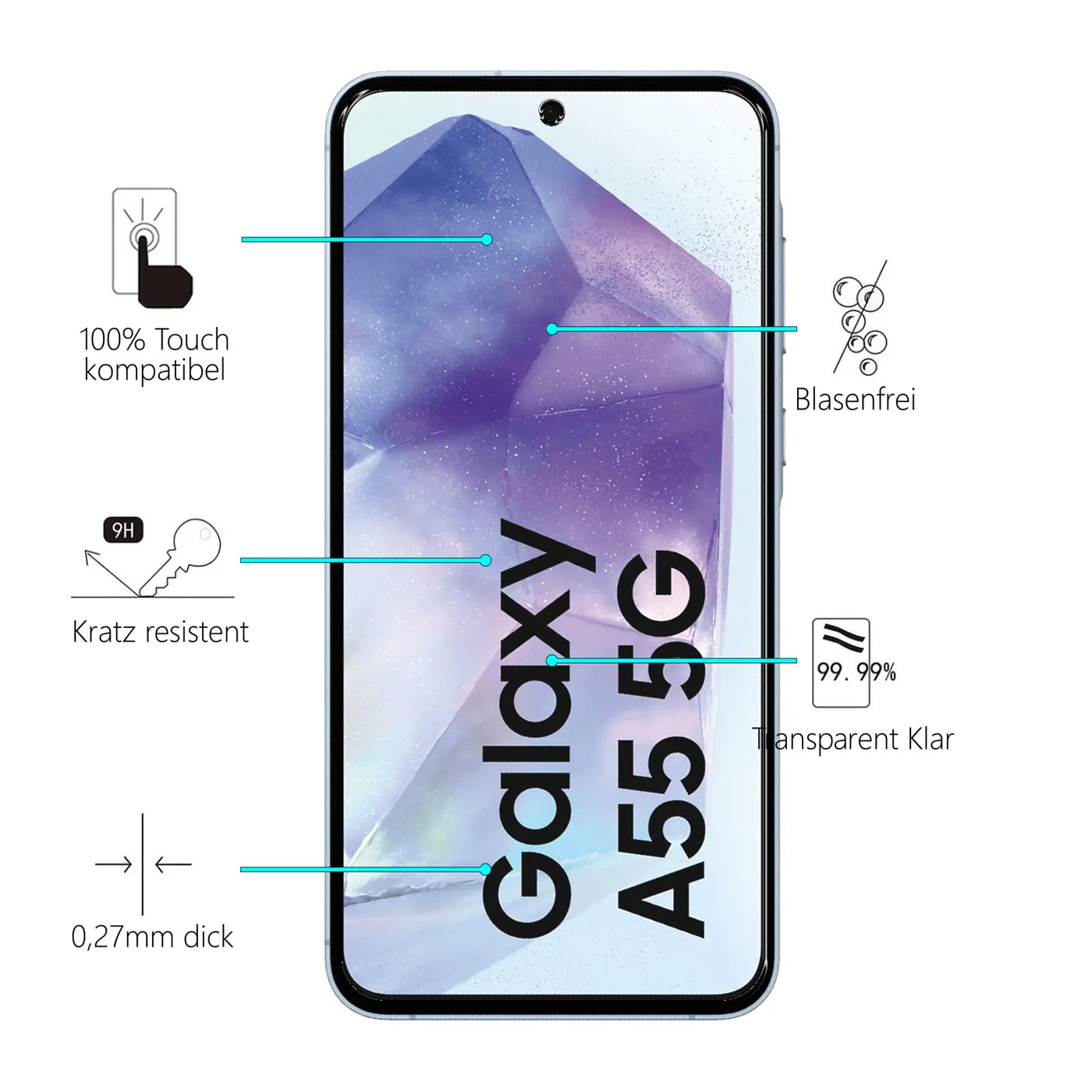 Frontansicht eines Samsung Galaxy A55 5G mit transparentem Panzerglas, umgeben von blauen Produktmerkmal-Linien.