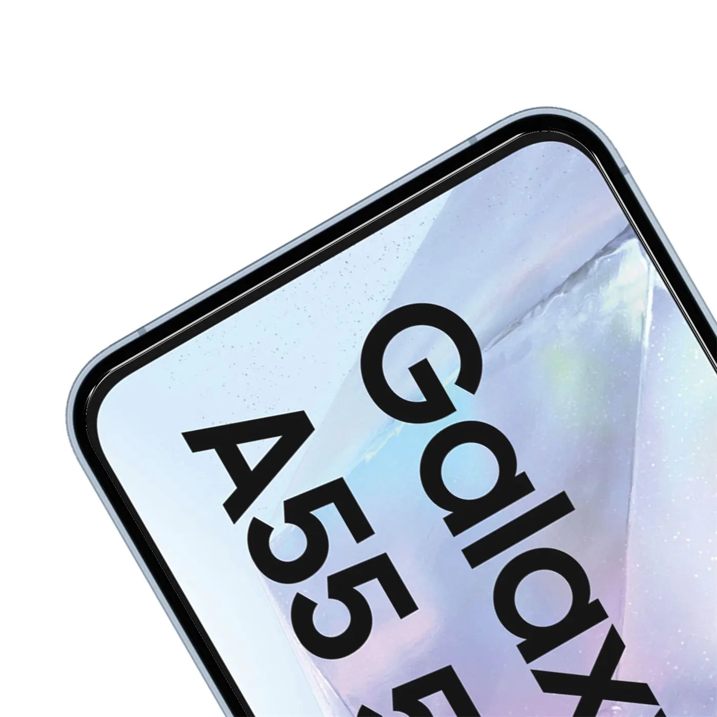 Nahaufnahme des oberen rechten Bereichs eines Samsung Galaxy A55 5G Displays mit schwarzem "Galaxy A55" Schriftzug.