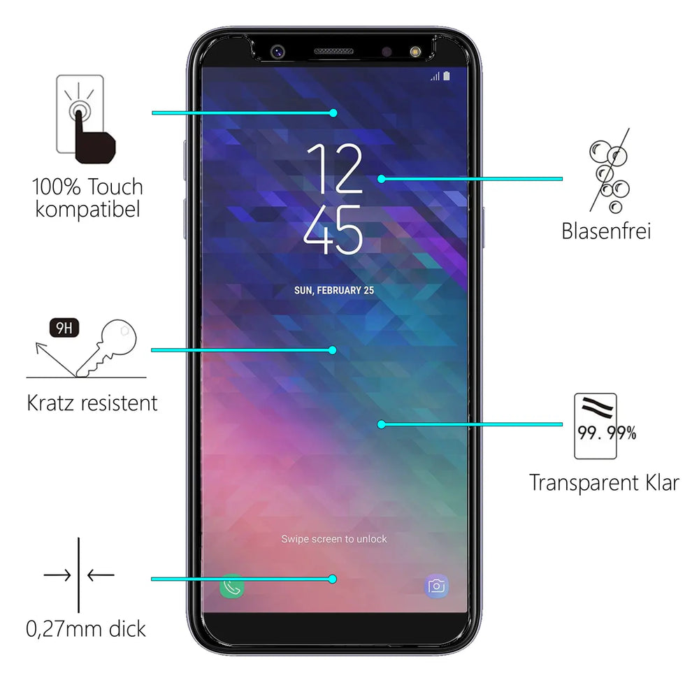 Schwarzes Samsung Galaxy A6 von vorne, mit transparentem Panzerglas und Infografiken zu dessen Eigenschaften.