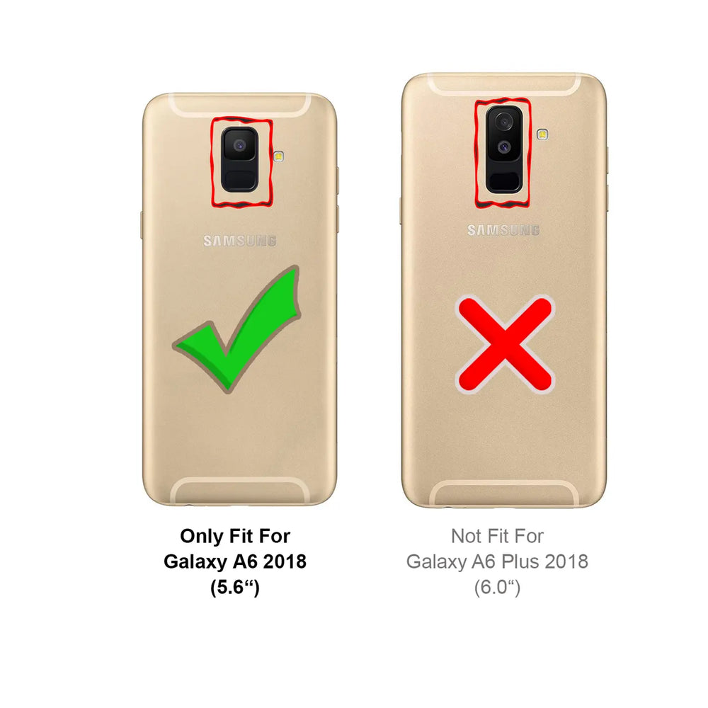 Zwei goldene Samsung Galaxy A6 Rückseiten, links mit grünem Haken für A6 2018, rechts mit rotem X für A6 Plus 2018.