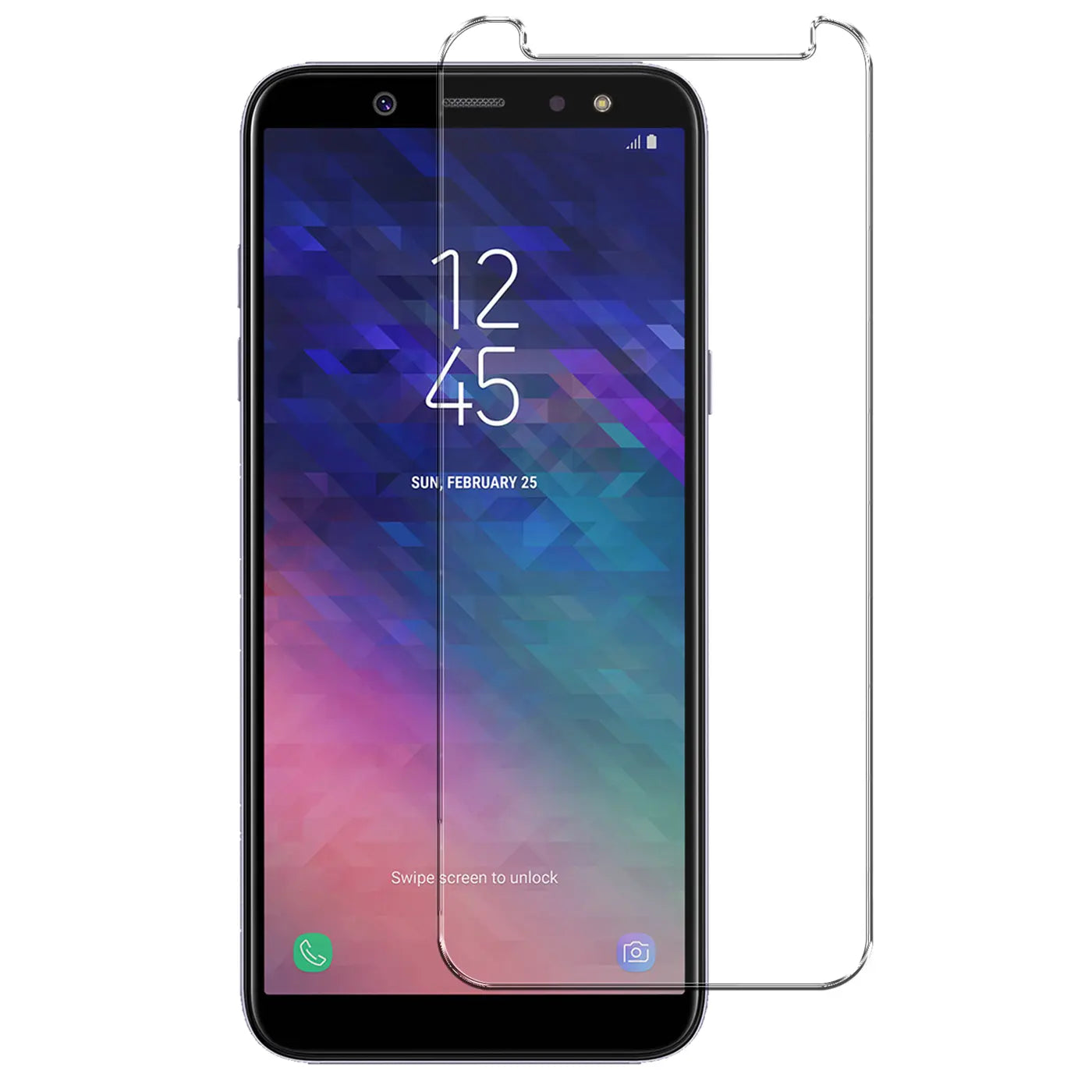Schwarzes Samsung Galaxy A6 Plus Smartphone mit transparentem Panzerglas-Displayschutz von vorne, leicht schräg.