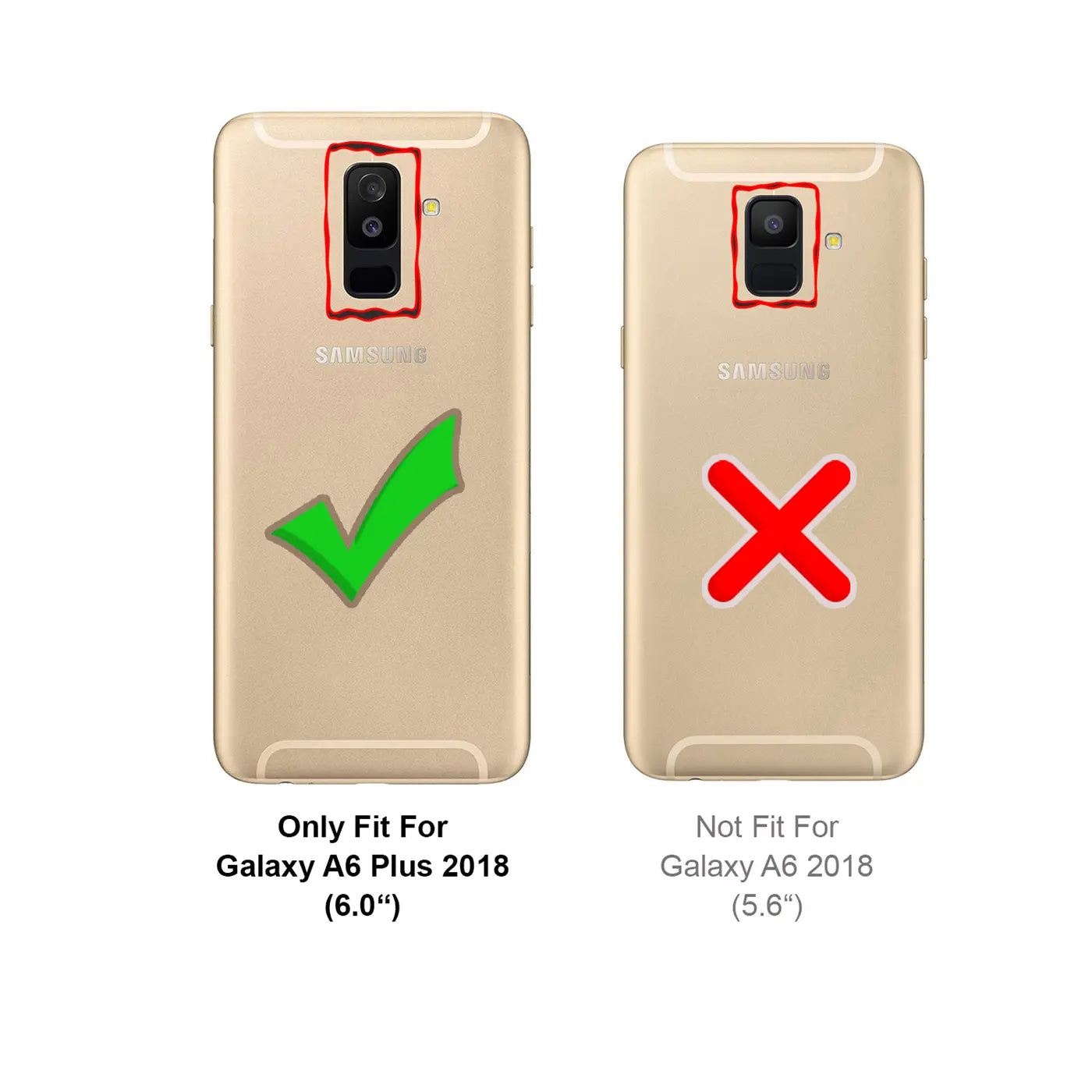 Rückseite von zwei goldenen Samsung Galaxy A6 Smartphones, Vergleich der Kameraaussparung für A6 Plus (Haken) und A6 (Kreuz).