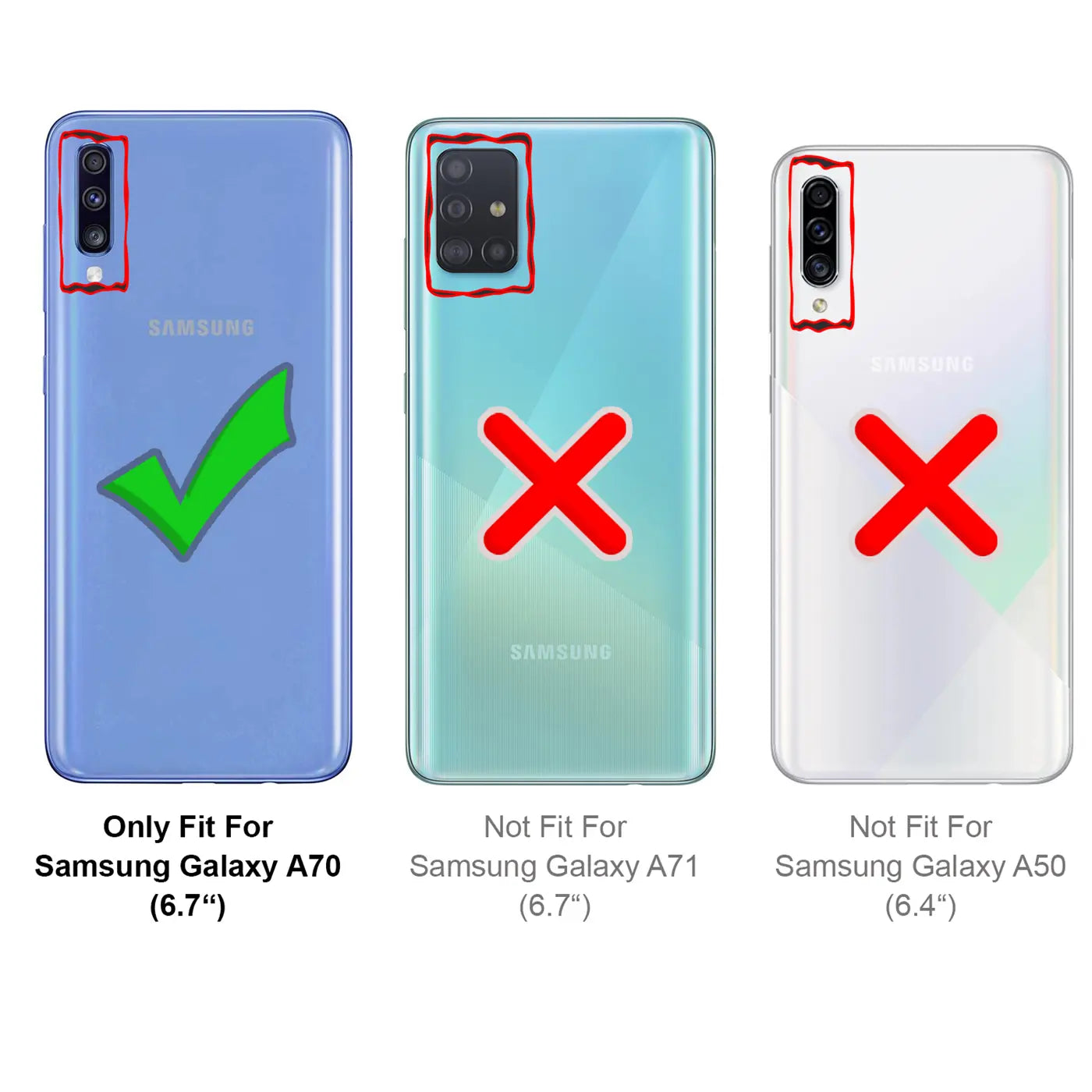 Drei Samsung Galaxy Smartphones (A70, A71, A50) von hinten, mit Kamera-Ausschnitten und Haken/Kreuzen.