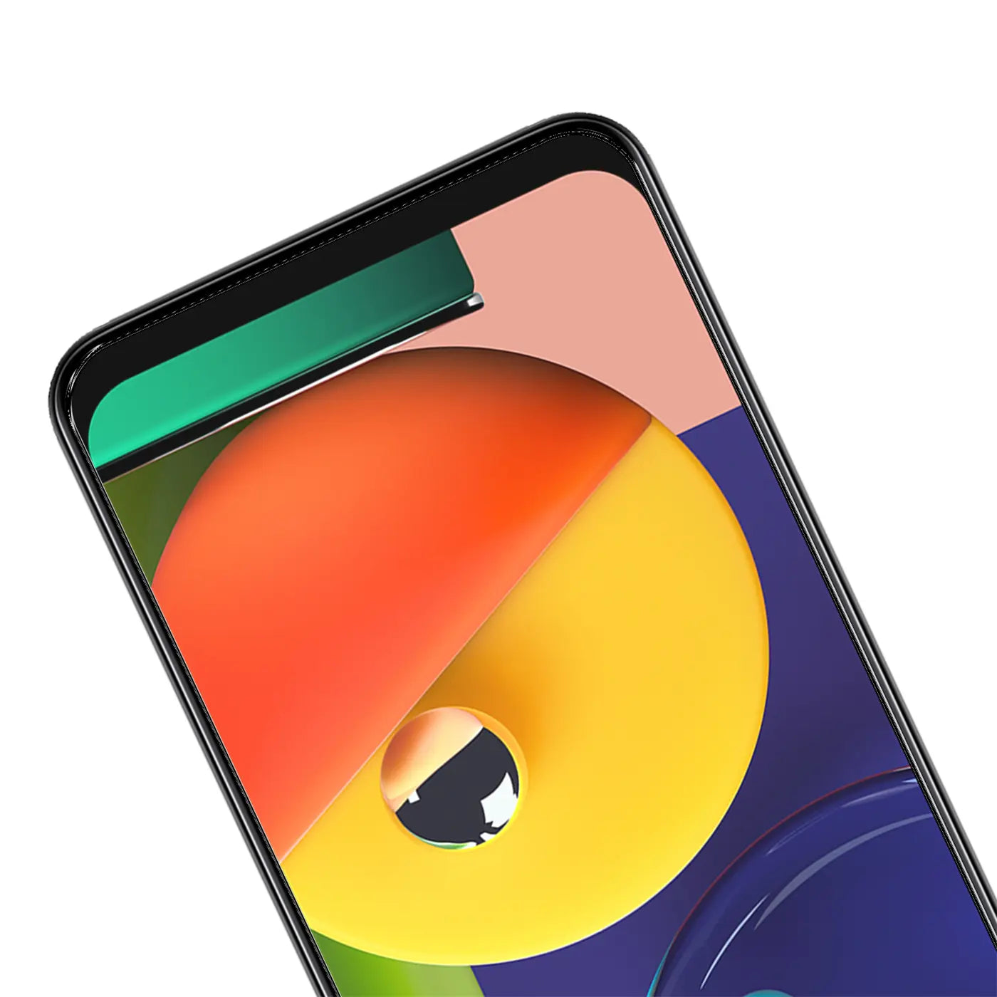 Nahaufnahme des oberen Teils eines Samsung Galaxy A70/A70s mit schwarzem Panzerglas-Displayschutz, schräg von oben.