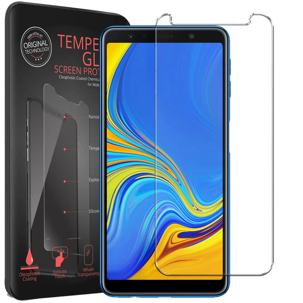 Schwarze Verpackung mit 2 transparenten Panzerglas-Displayschutzfolien für Samsung Galaxy A7 2018, schräg von vorne.