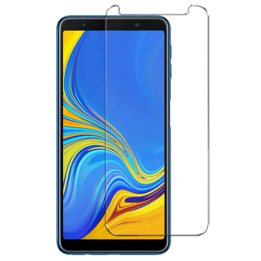 Blaues Samsung Galaxy A7 2018 Smartphone mit zwei transparenten Panzerglas-Displayschutzfolien, frontal.