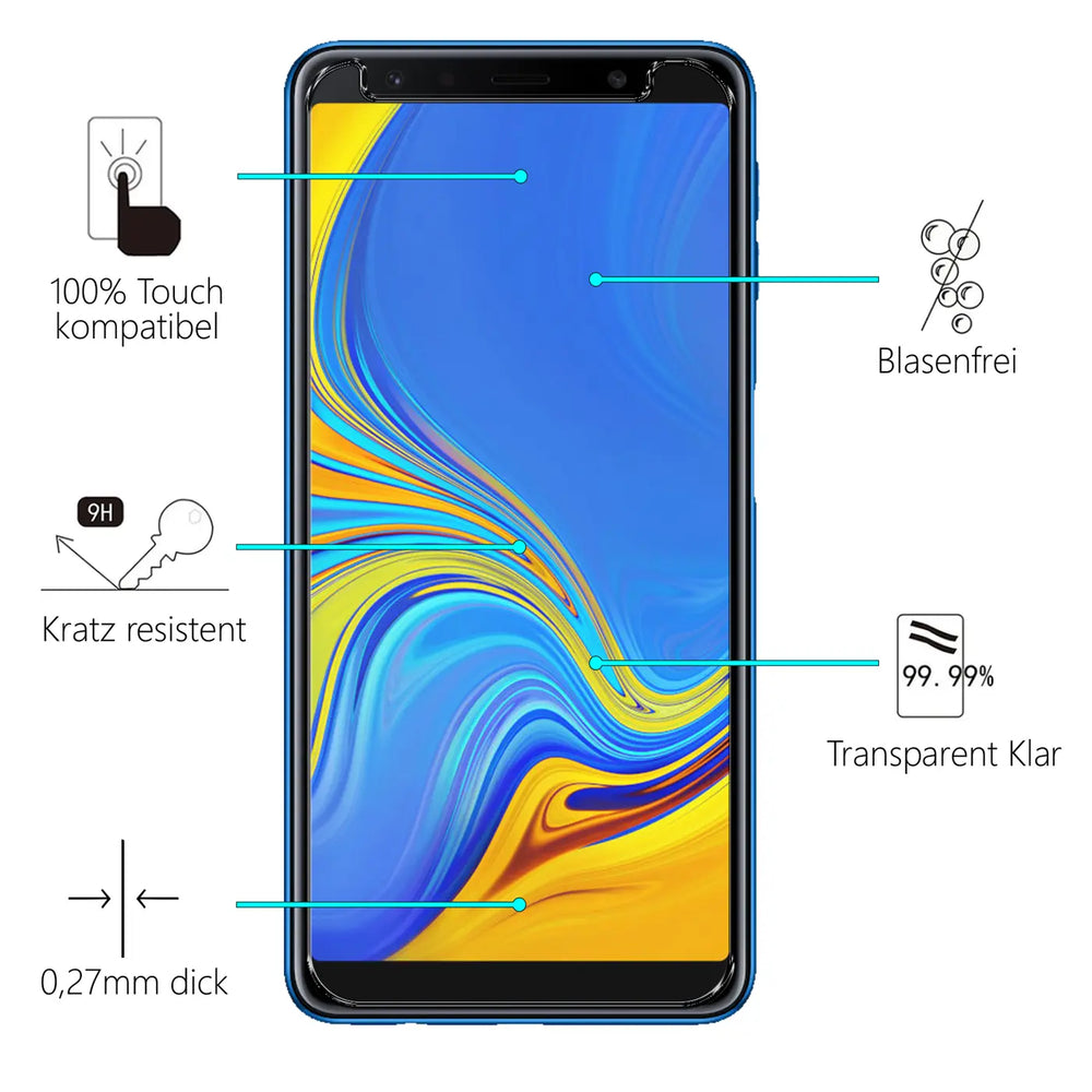 Blaues Samsung Galaxy A7 2018 Smartphone mit Panzerglas-Displayschutz, frontal, umgeben von Produktmerkmalen.