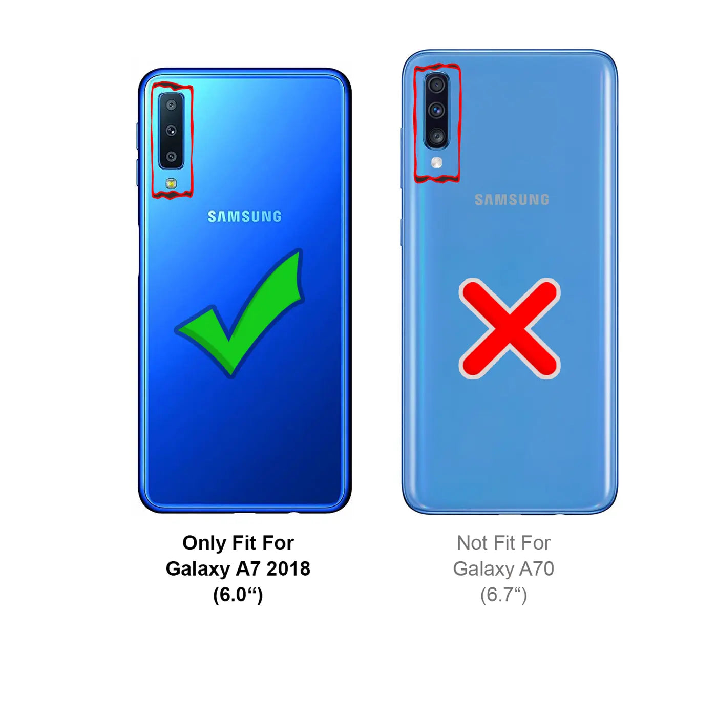 Rückseite von zwei blauen Samsung Galaxy Smartphones. Links A7 2018 mit Haken, rechts A70 mit X.