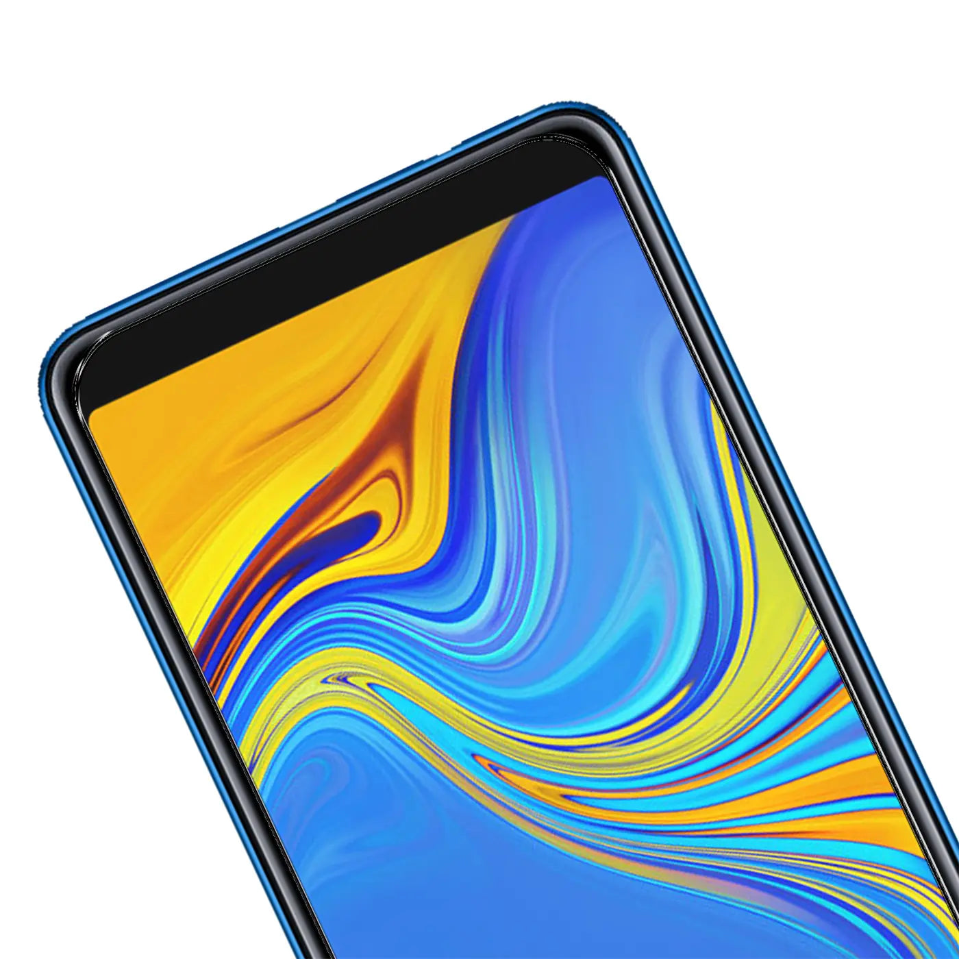 Oberer Teil eines blauen Samsung Galaxy A7 2018 Smartphones mit Displayschutzfolie aus Panzerglas, schräg von oben.