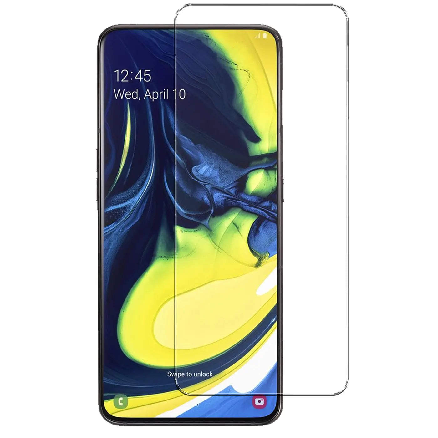 Samsung Galaxy A80 Handy mit Display und daneben liegendem, transparentem Panzerglas-Displayschutz von vorne.