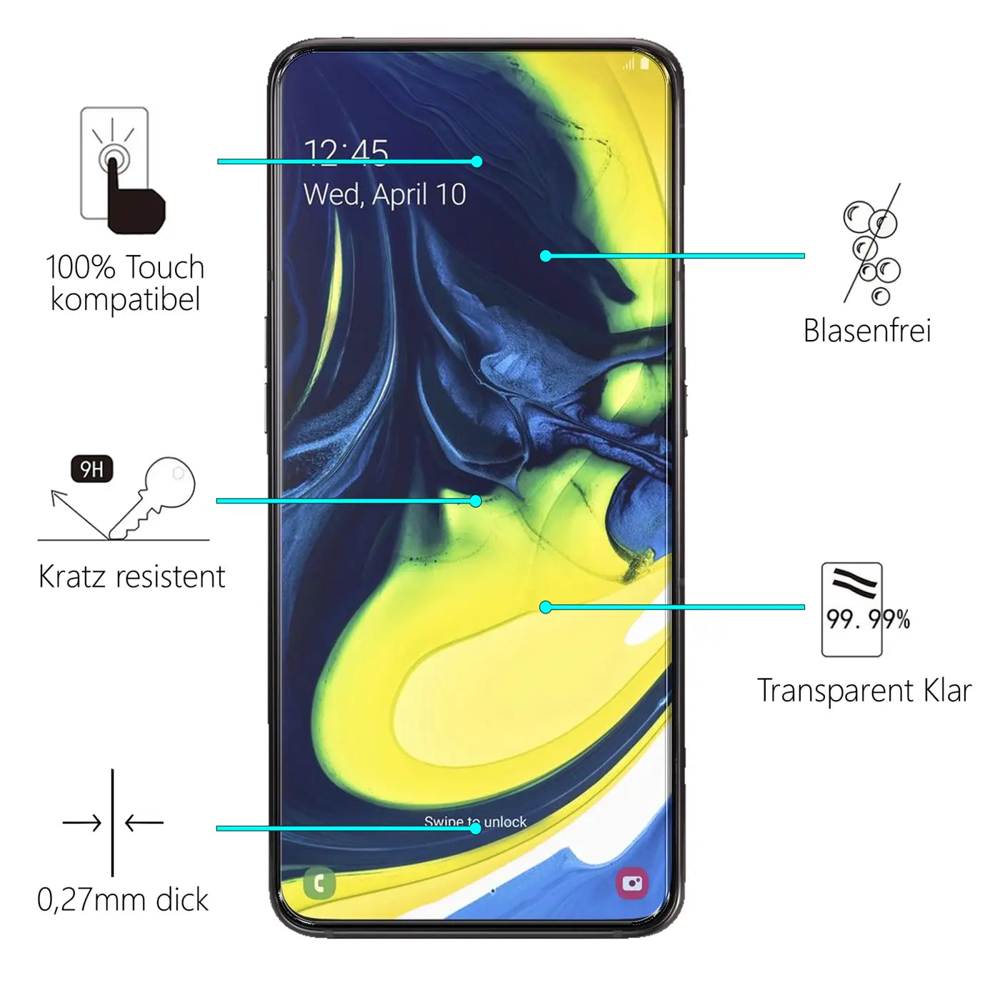Schwarzes Samsung Galaxy A80 mit transparentem Panzerglas Displayschutz, von vorne, mit Produktmerkmalen.