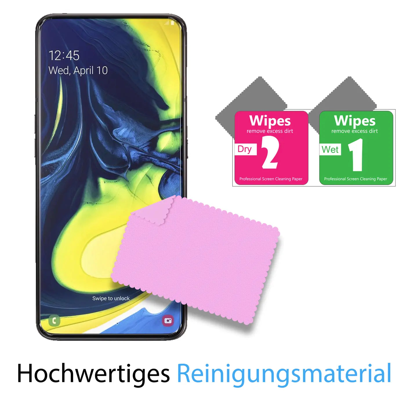 Samsung Galaxy A80 Smartphone mit pinkem Mikrofasertuch und zwei Reinigungstüchern (Wet/Dry) von schräg oben.