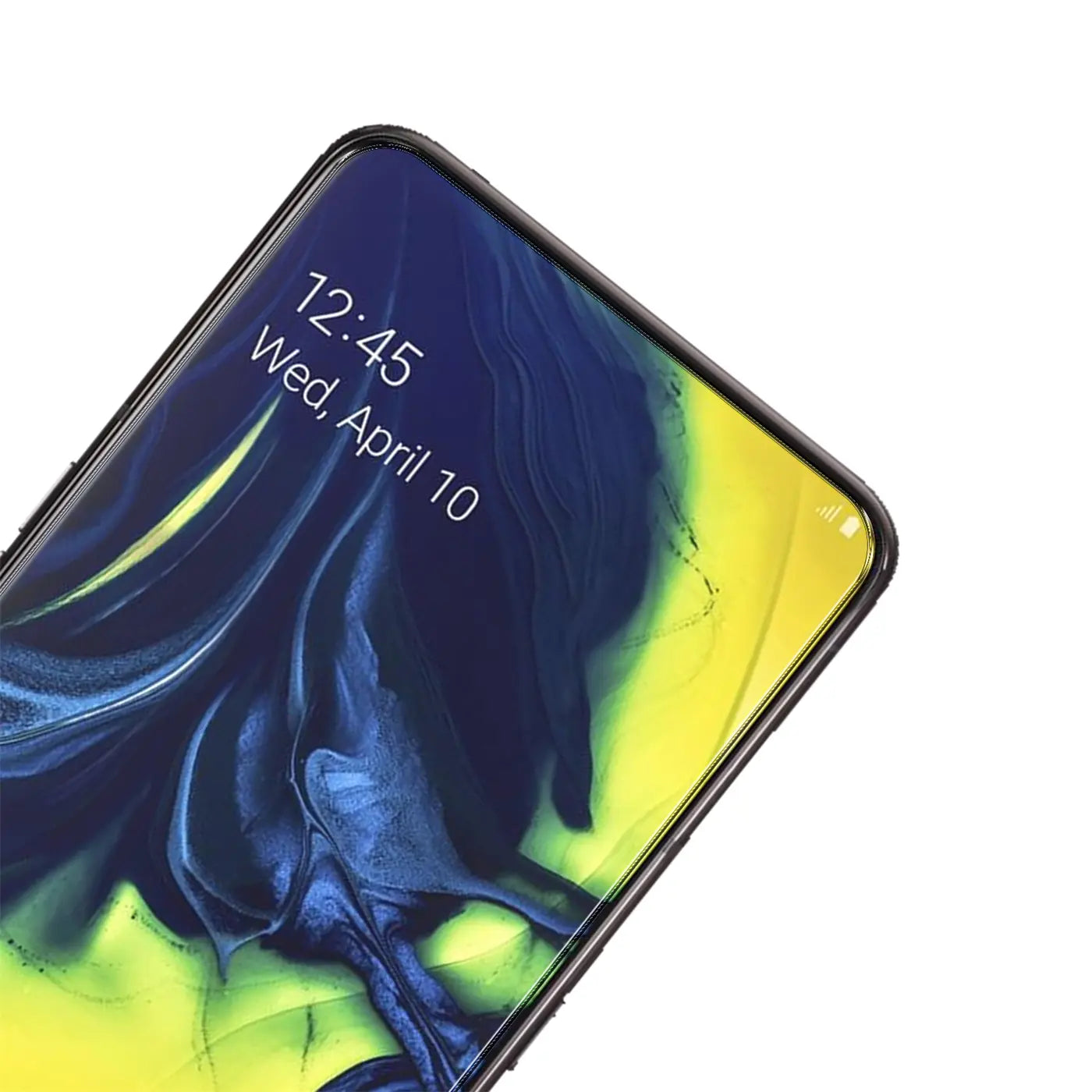 Nahaufnahme des oberen linken Bereichs eines Samsung Galaxy A80 Displays mit Panzerglas, schräg von oben.