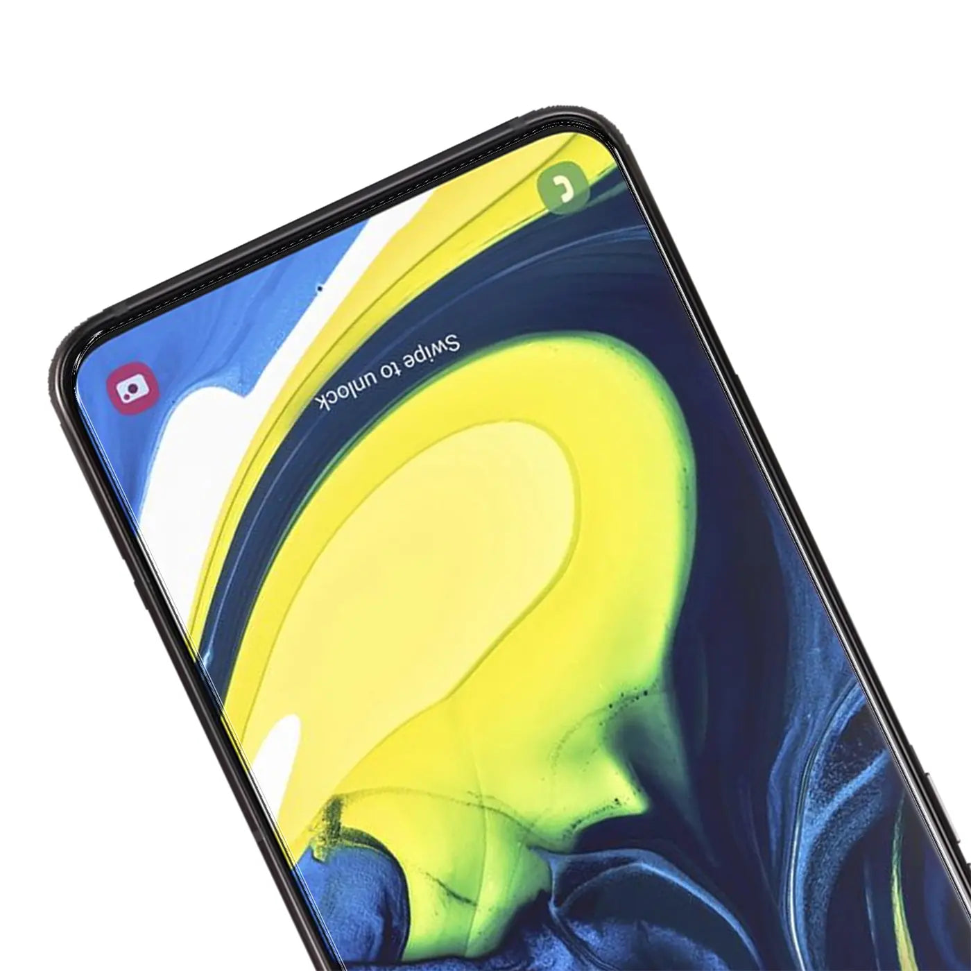 Nahaufnahme eines schwarzen Samsung Galaxy A80 mit Panzerglas-Displayschutz, schräg von oben. Bildschirm zeigt gelb-blaues.